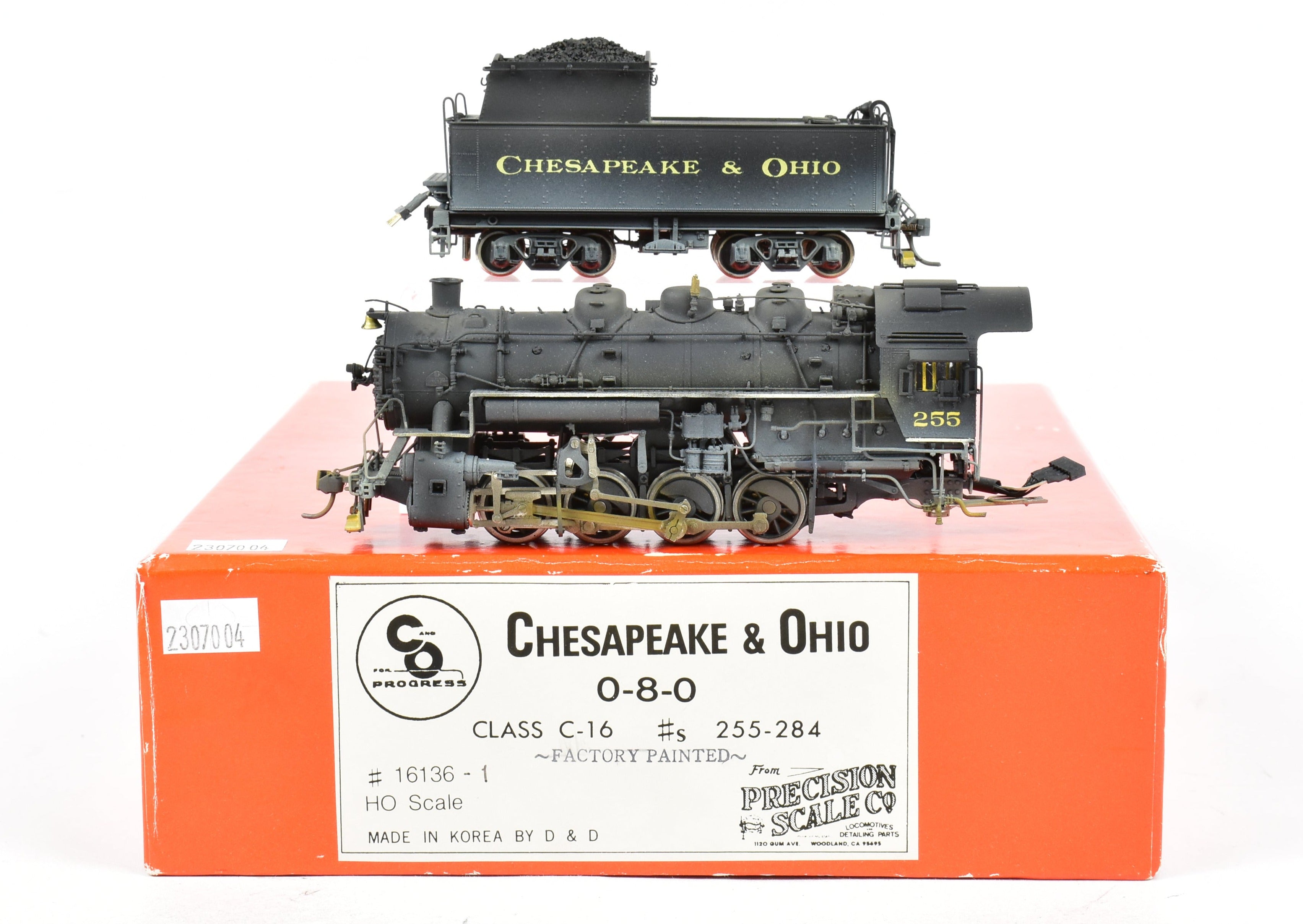 HO Scale Brass Precision Scale Co. Chesapeake & Ohio Class C - 16 0 - 8 - 0 FP Model Locomotive with Weathered No. 255, Equipped with DCC & Sound Function