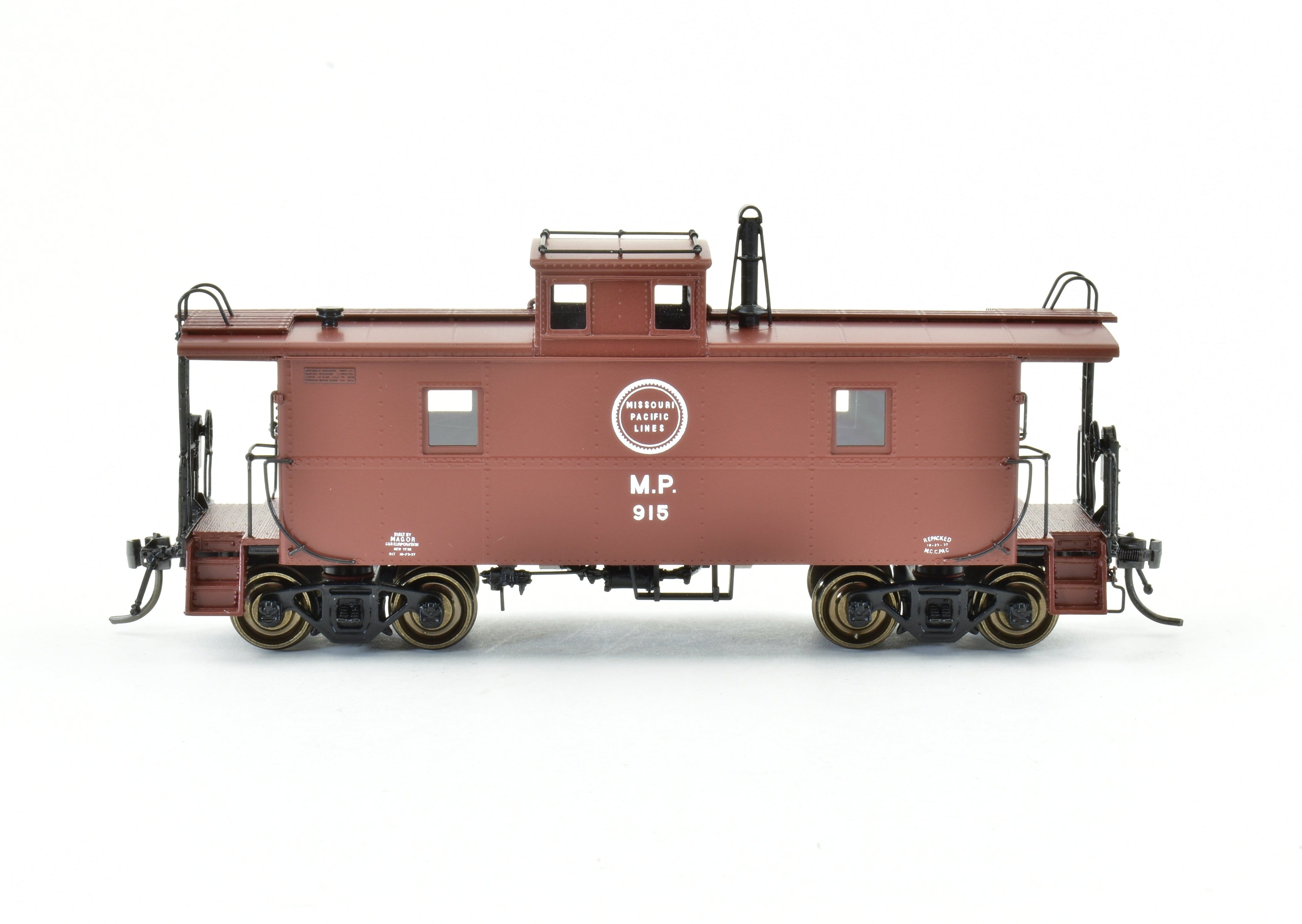 HO Scale Brass OMI - Overland Models, Inc. Missouri Pacific Magor Steel Caboose Model As Built in 1937, Factory Painted with Red and Small White Herald Scheme