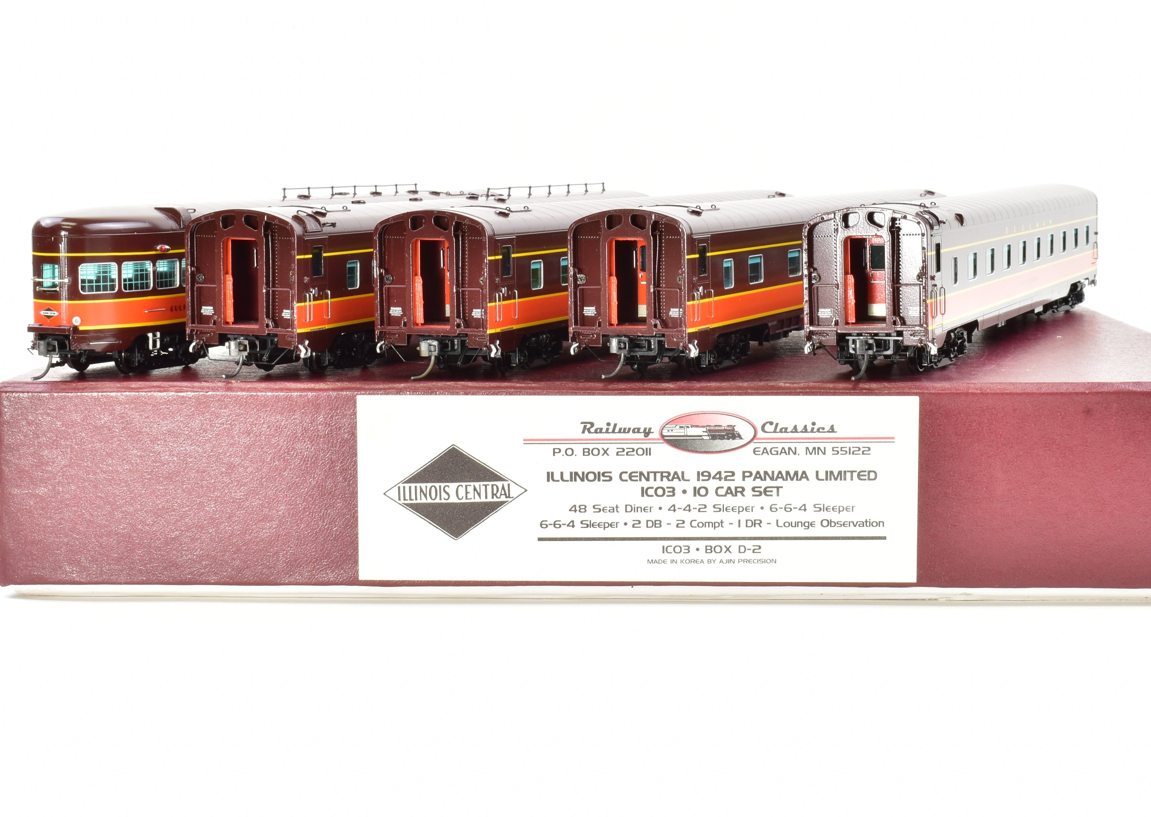 HO Scale Brass Model Train Set - Railway Classics Illinois Central 1942 Panama Limited 10-Car Set with EMD E6 AA Set F/P, Featuring ESU DCC & Sound System