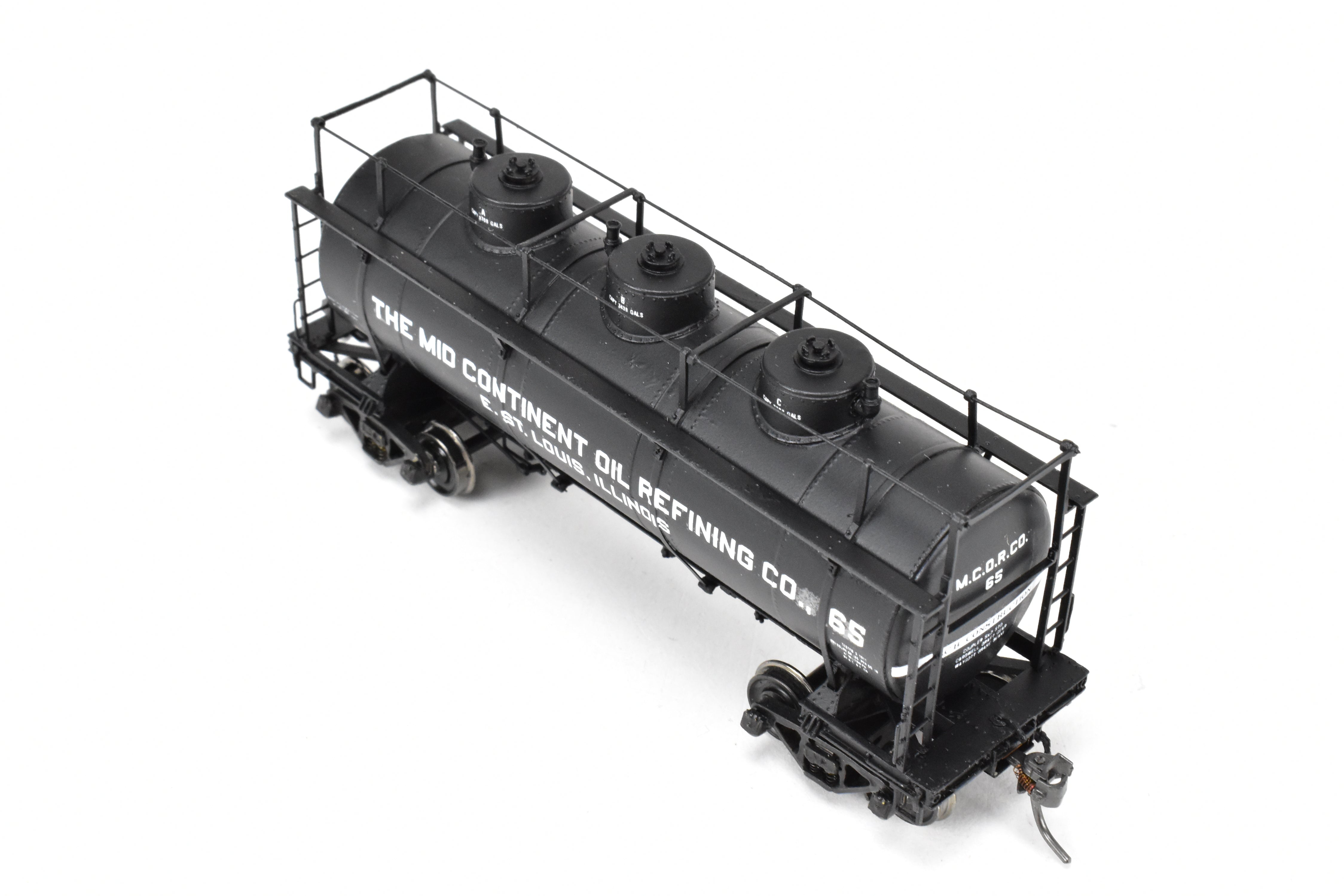 HO Scale Brass Model Train W&R Enterprises Various Roads AC&F 10,000 Gallon 3-Dome Tank Car Featuring High Walkway and Custom Paint by The Mid Continent Oil Refining Co.