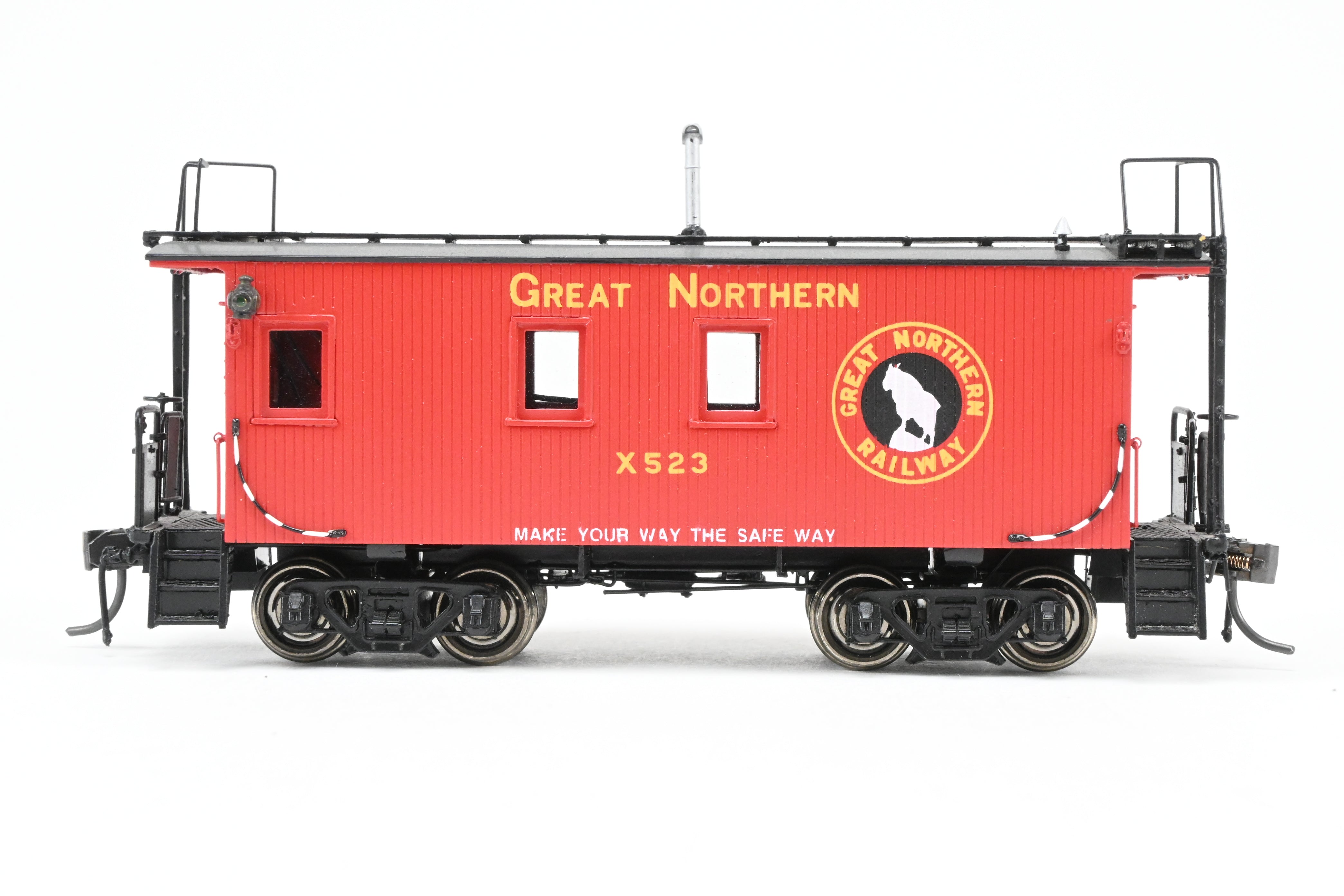 HO Scale Brass Converted Caboose - Challenger Imports Great Northern X523, 25-Foot Wood Caboose, Later Version with Added Marker Lights and Wrong Packaging