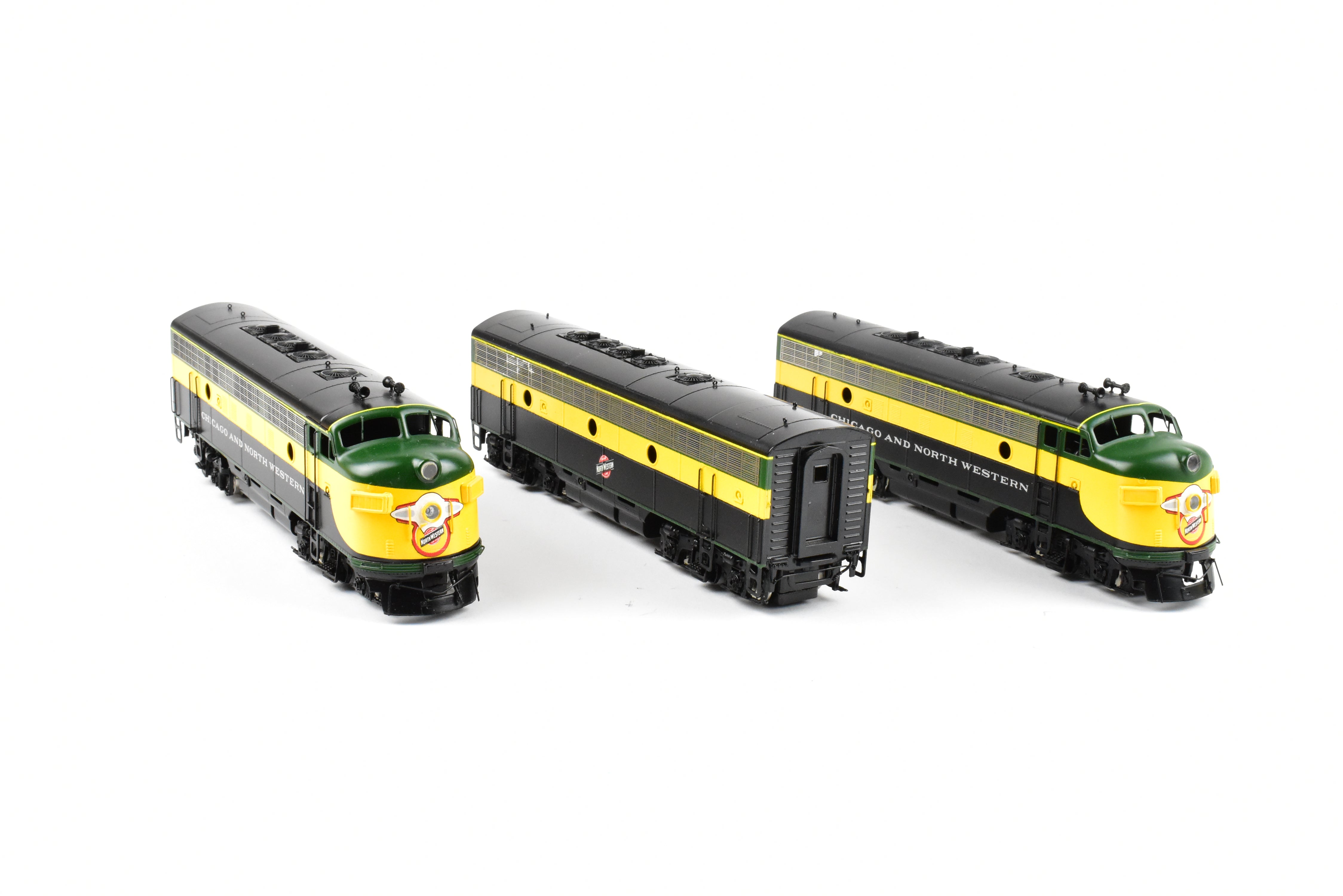 High - Quality HO Scale Brass Model Train Set - Chicago and Northwestern EMD F7A/F7B/F7A Phase I 1500 HP 3 - Unit Set in Freight Scheme by Oriental Limited