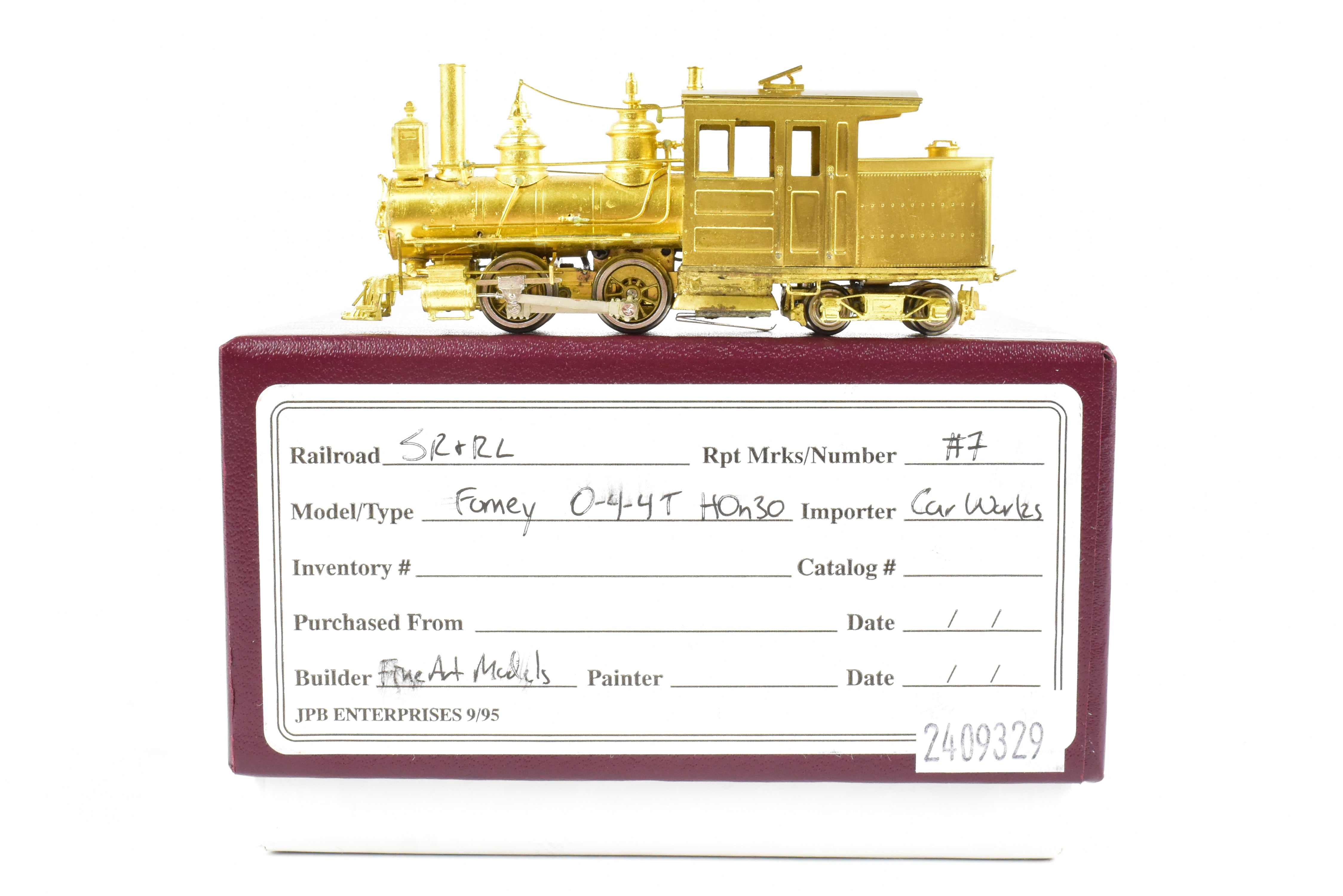 HOn30 Scale Brass Model Train - The Car Works Sandy River & Rangeley Lakes #7 Forney 0 - 4 - 4T Steam Locomotive in REBOXX Packaging