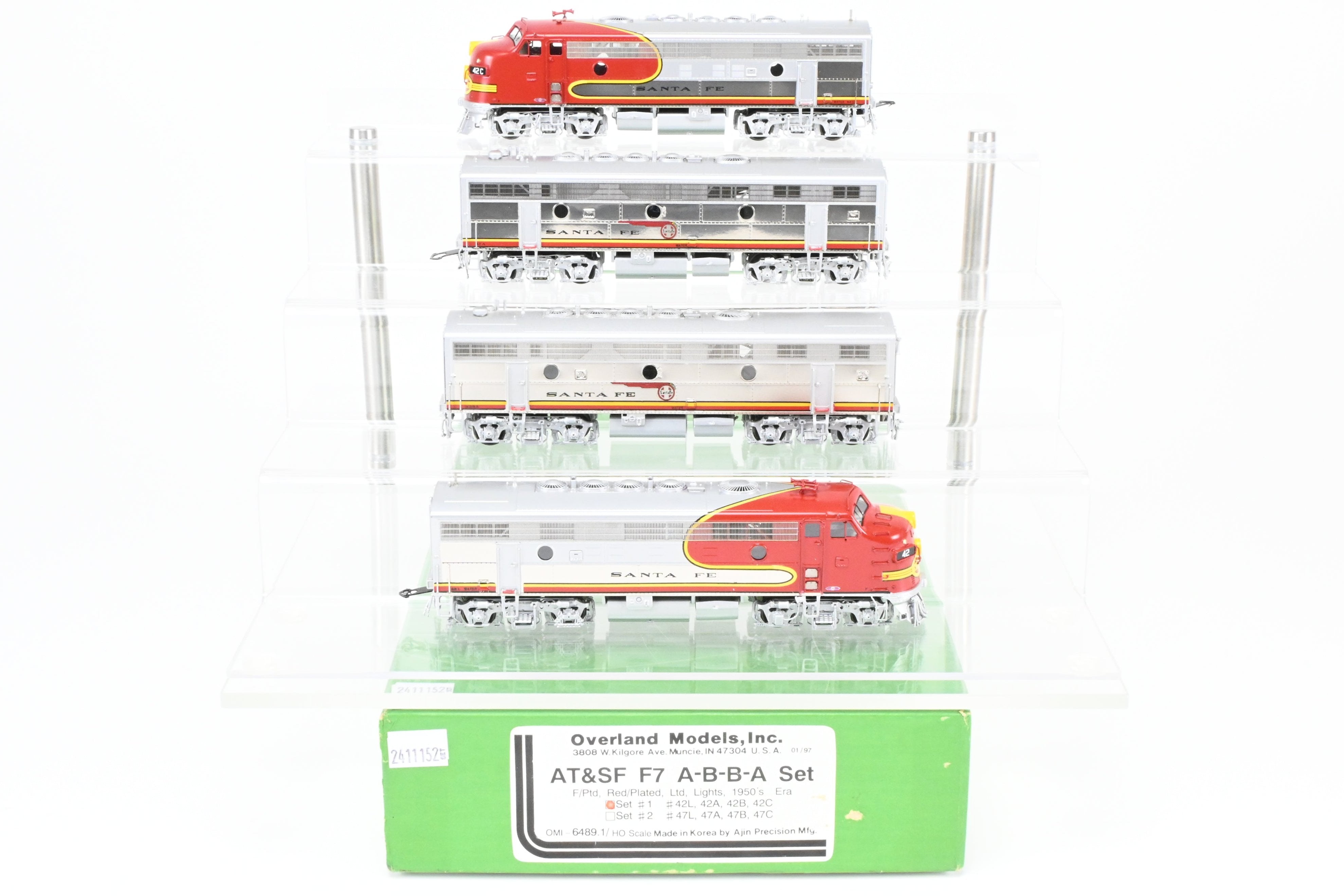HO Scale Brass Model Train Set - Overland Models Inc. ATSF - Santa Fe EMD F7 A - B - B - A Set #1 (1950's Era FP) with Cars #42L, 42A, 42B, 42C