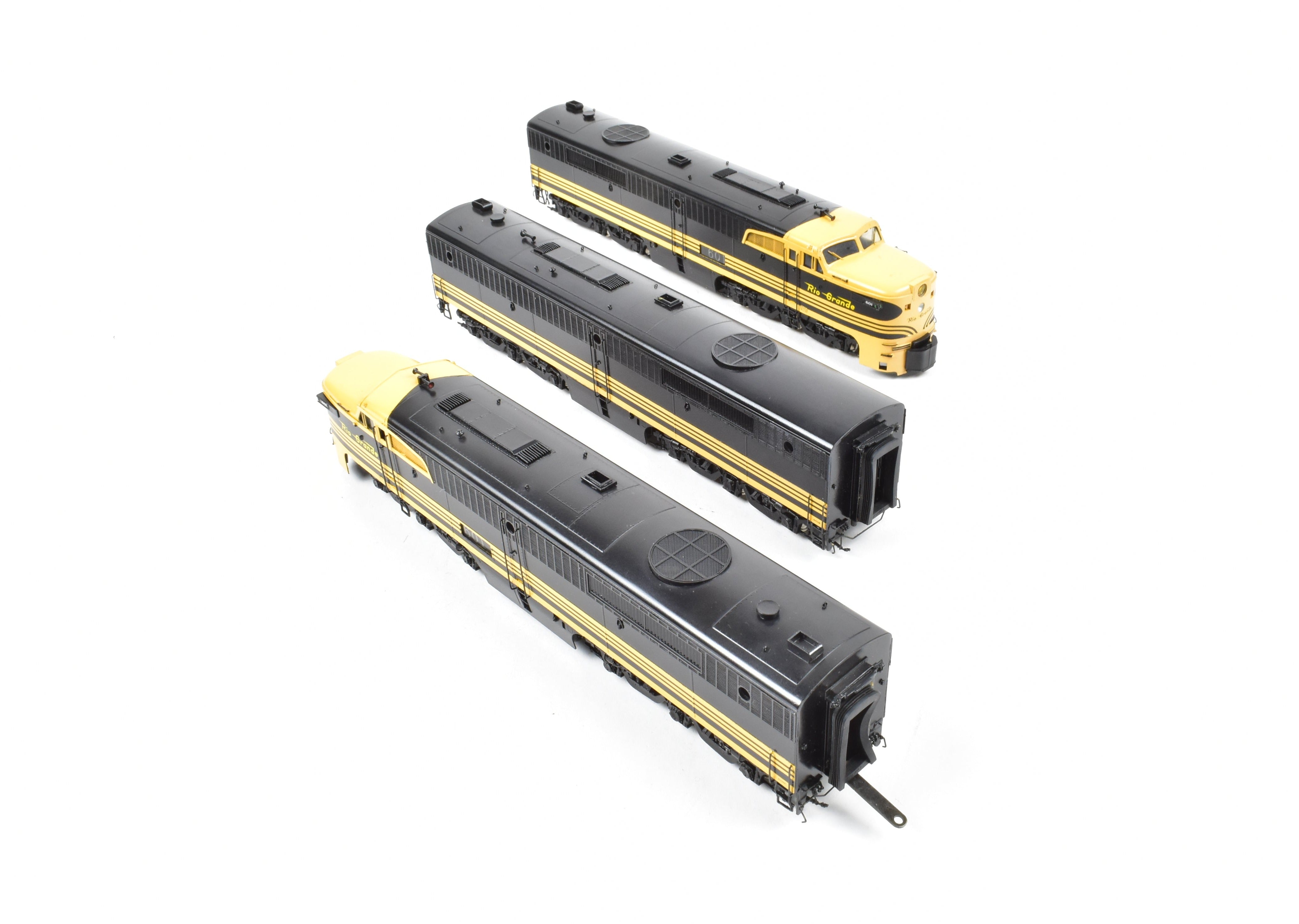 HO Scale Brass Model Train Key Imports D&RGW - Denver & Rio Grande Western Alco PA A/B/A Set Locomotive in Black and Yellow Color Scheme