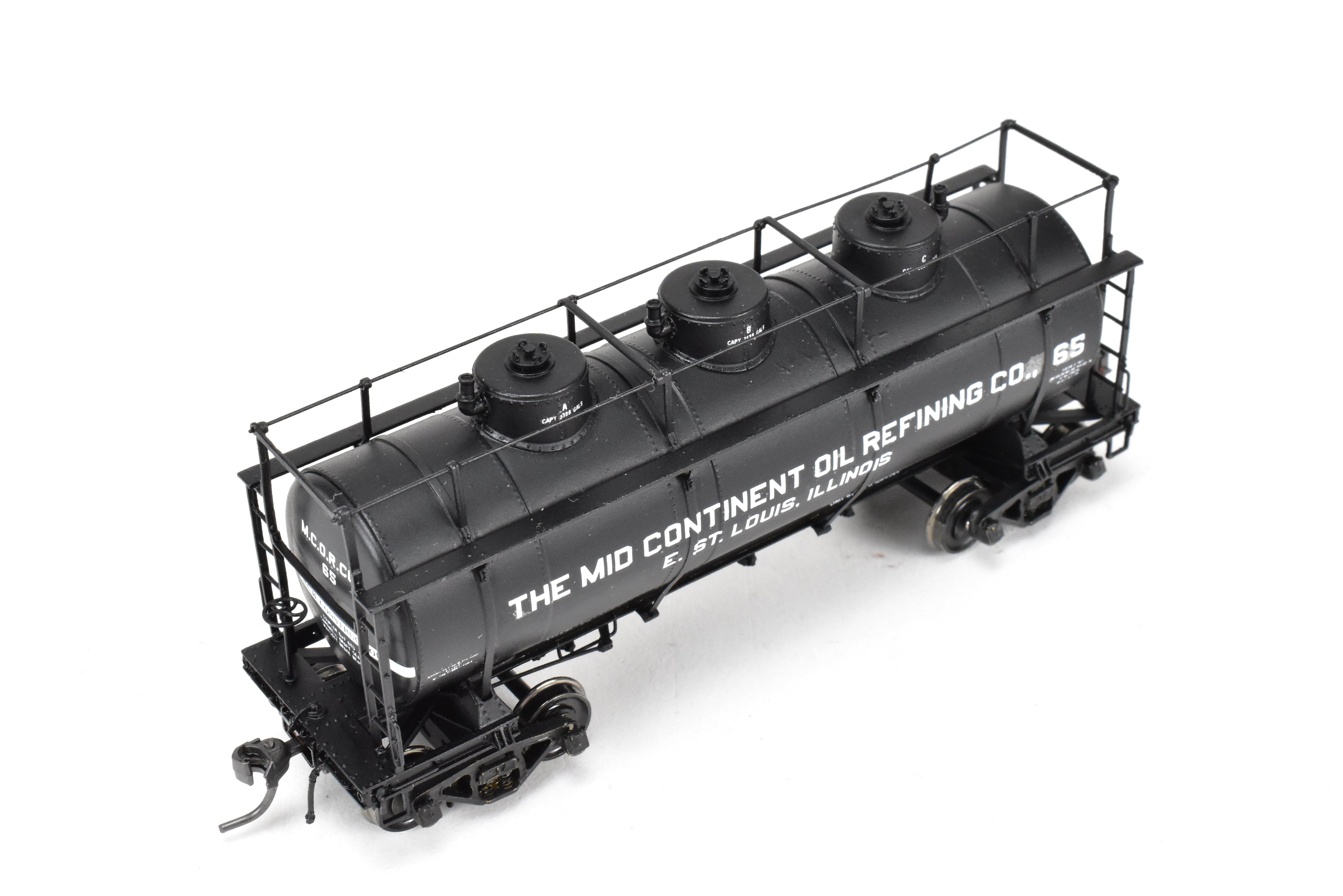 HO Scale Brass Model Train W&R Enterprises Various Roads AC&F 10,000 Gallon 3-Dome Tank Car Featuring High Walkway and Custom Paint by The Mid Continent Oil Refining Co.