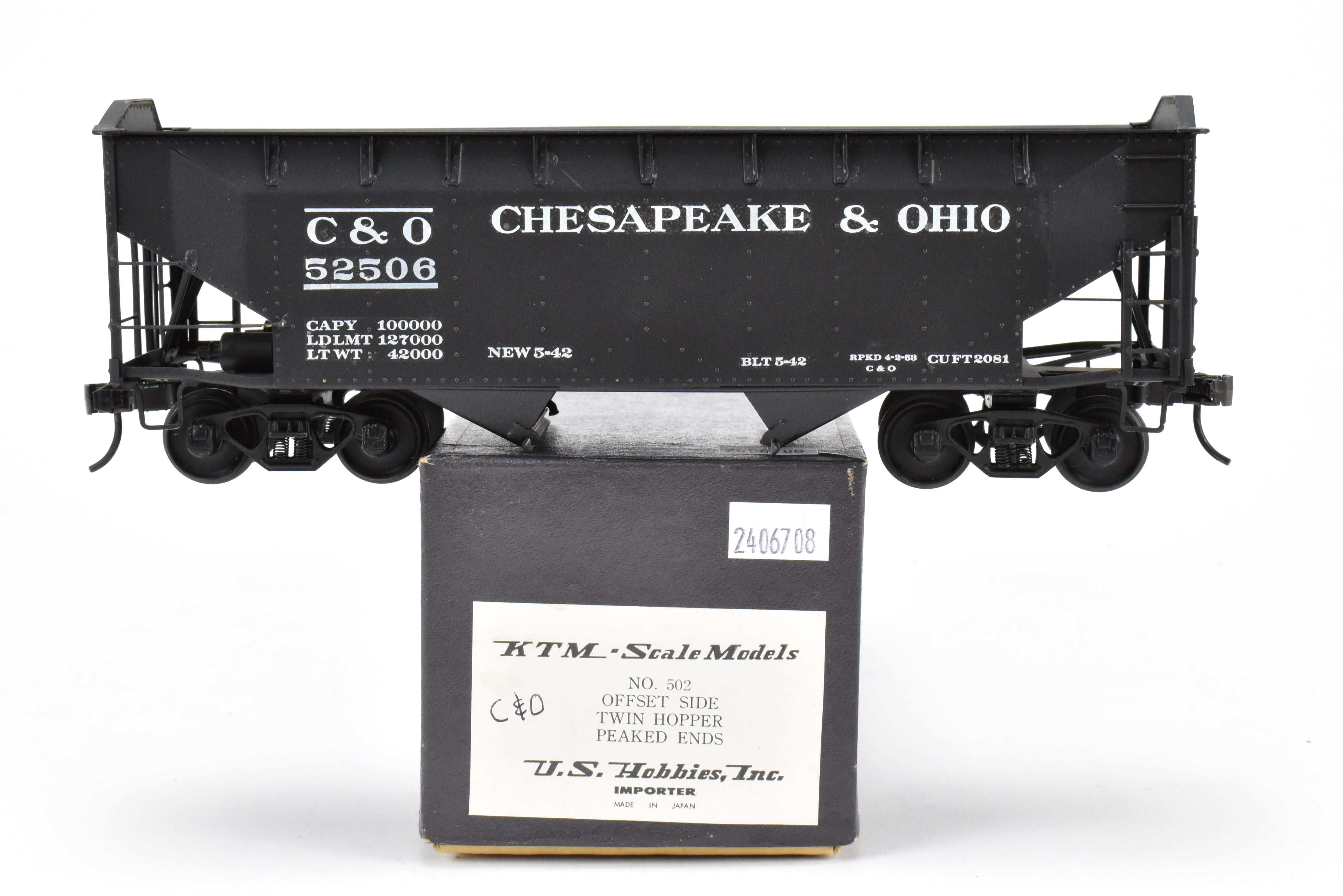 O Scale Model Train - Brass US Hobbies C&O (Chesapeake & Ohio) Offset Side Twin Hopper with Peaked Ends, CP No. 52506