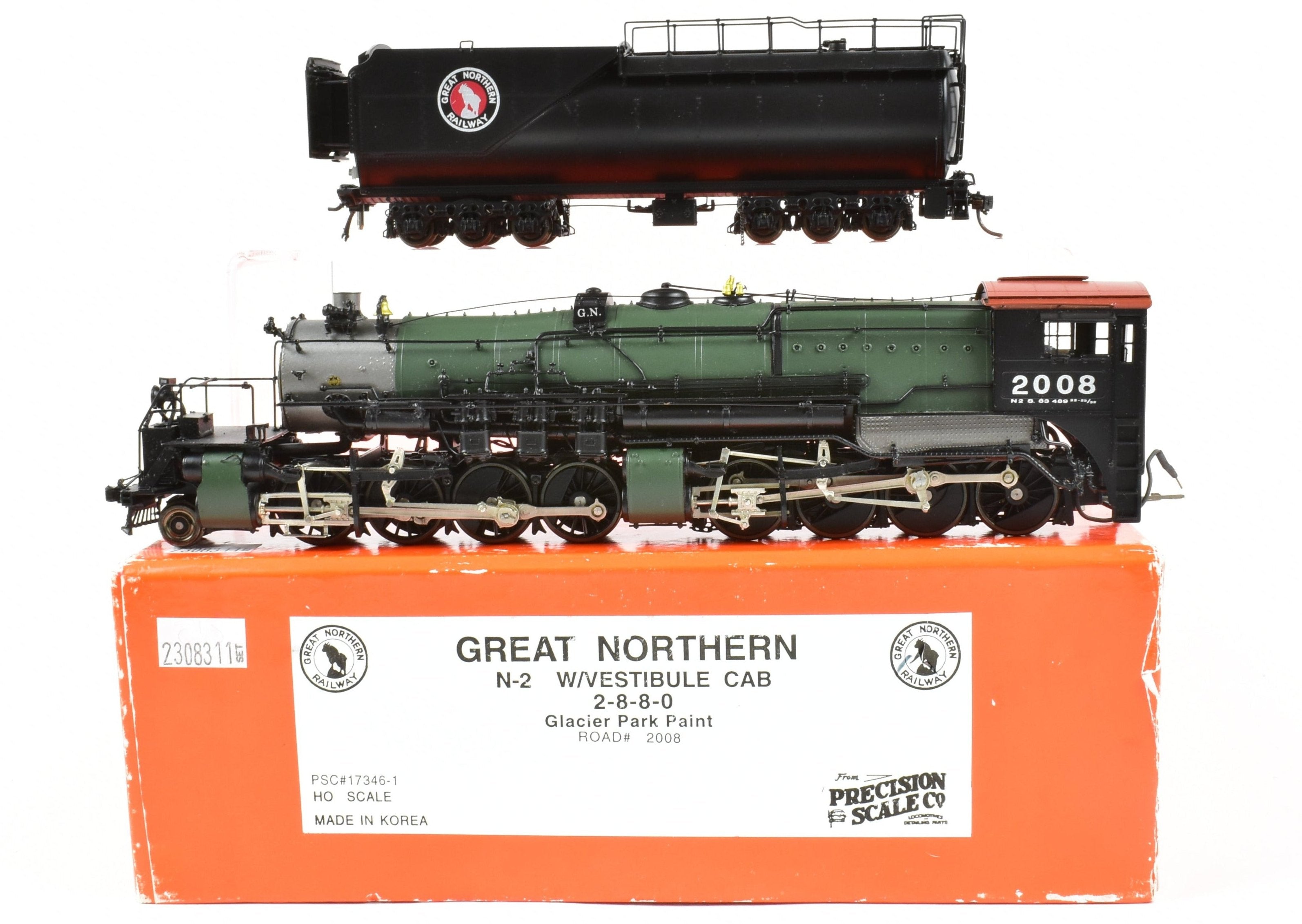 HO Scale Brass Model Train - Precision Scale Co. (PSC) Great Northern Class N - 2 2 - 8 - 8 - 0 Locomotive with Vestibule Cab in Glacier Park Painting Scheme