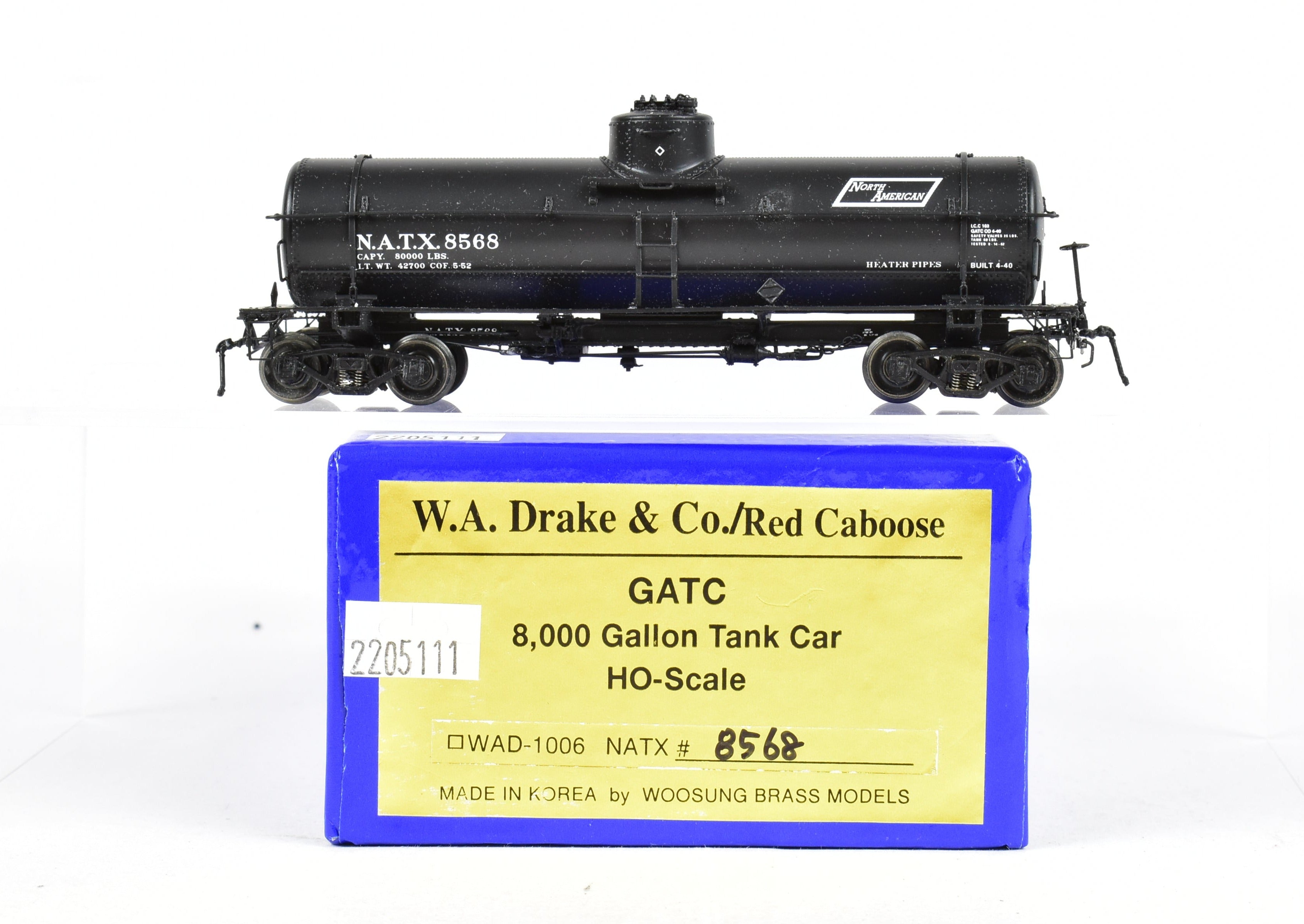 HO Scale Brass W. A. Drake/Red Caboose North American Tank Car - 8,000 Gallon Freight Tank Model