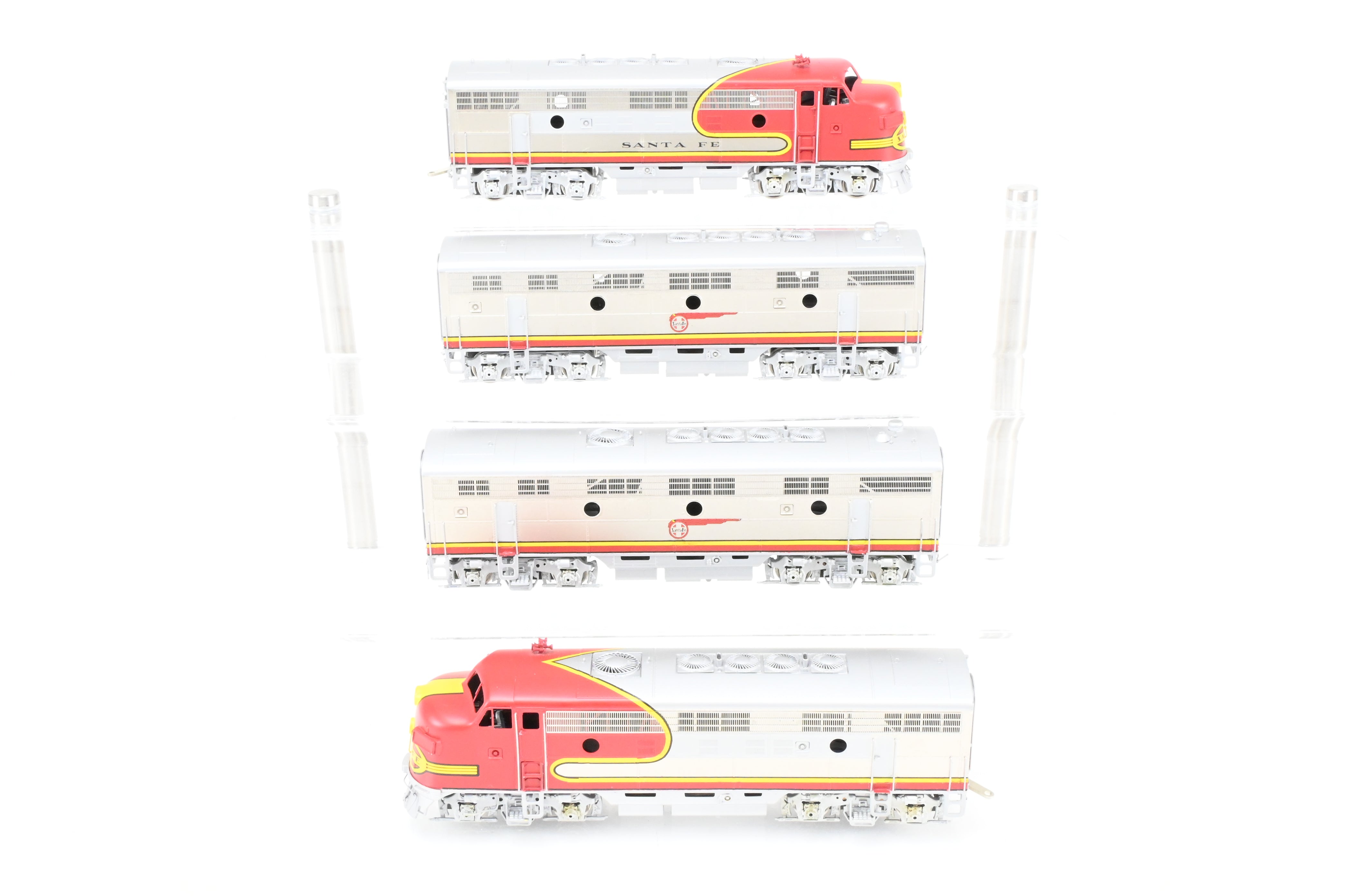 HO Scale Brass Model Train Oriental Limited ATSF - Santa Fe EMD F7 Phase II 1500 HP A/B/B/A Set with Factory Plated and Painted Finish