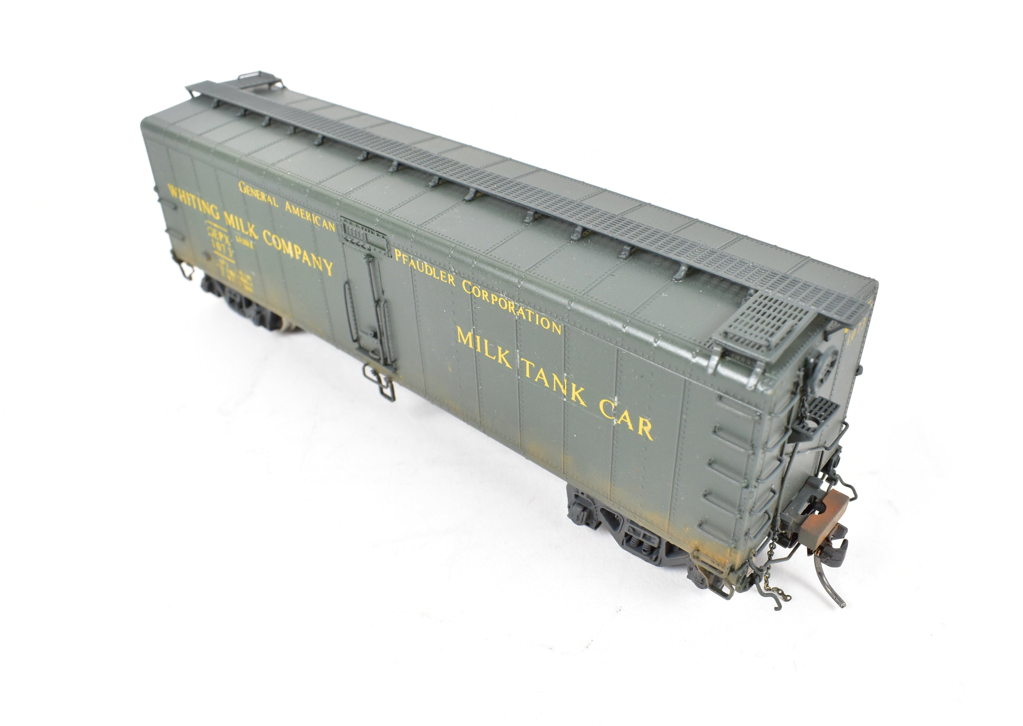 HO Scale Brass Milk Tank Car Model by Overland Models, Inc. (OMI) - Various Roads 40'6 GPEX 1073 Pfaudler, Lighted and Weathered for Realistic Display