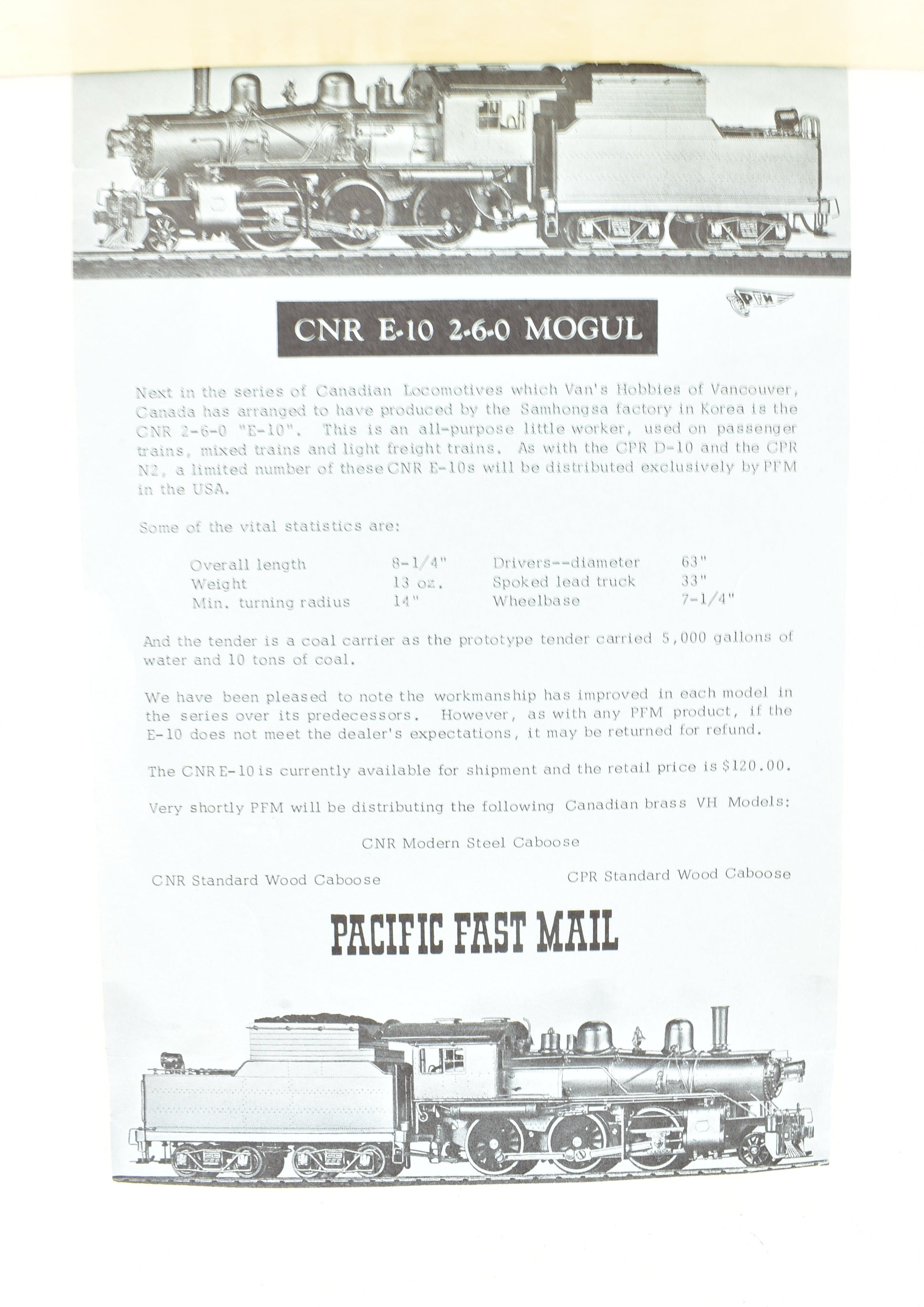 HO Brass PFM Van Hobbies CNR Canadian National Railway 2-6-0 E-10 Mogul in Good Condition