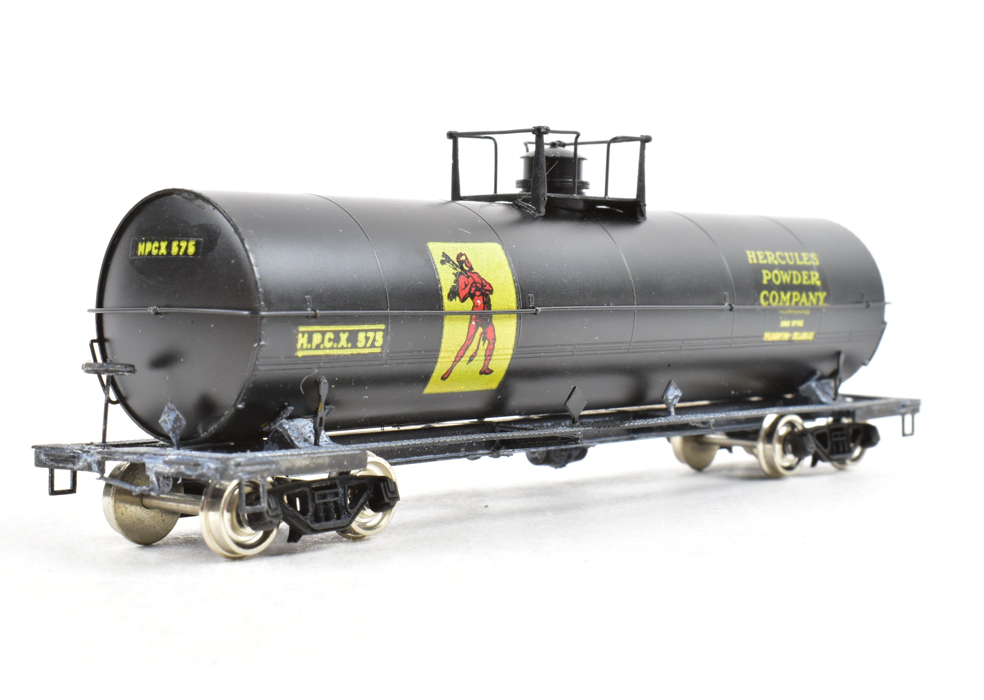 HO Scale Brass Precision Scale Co. 12,000 Gallon Tank Car, Professionally Painted Black with Hercules Powder Company Lettering