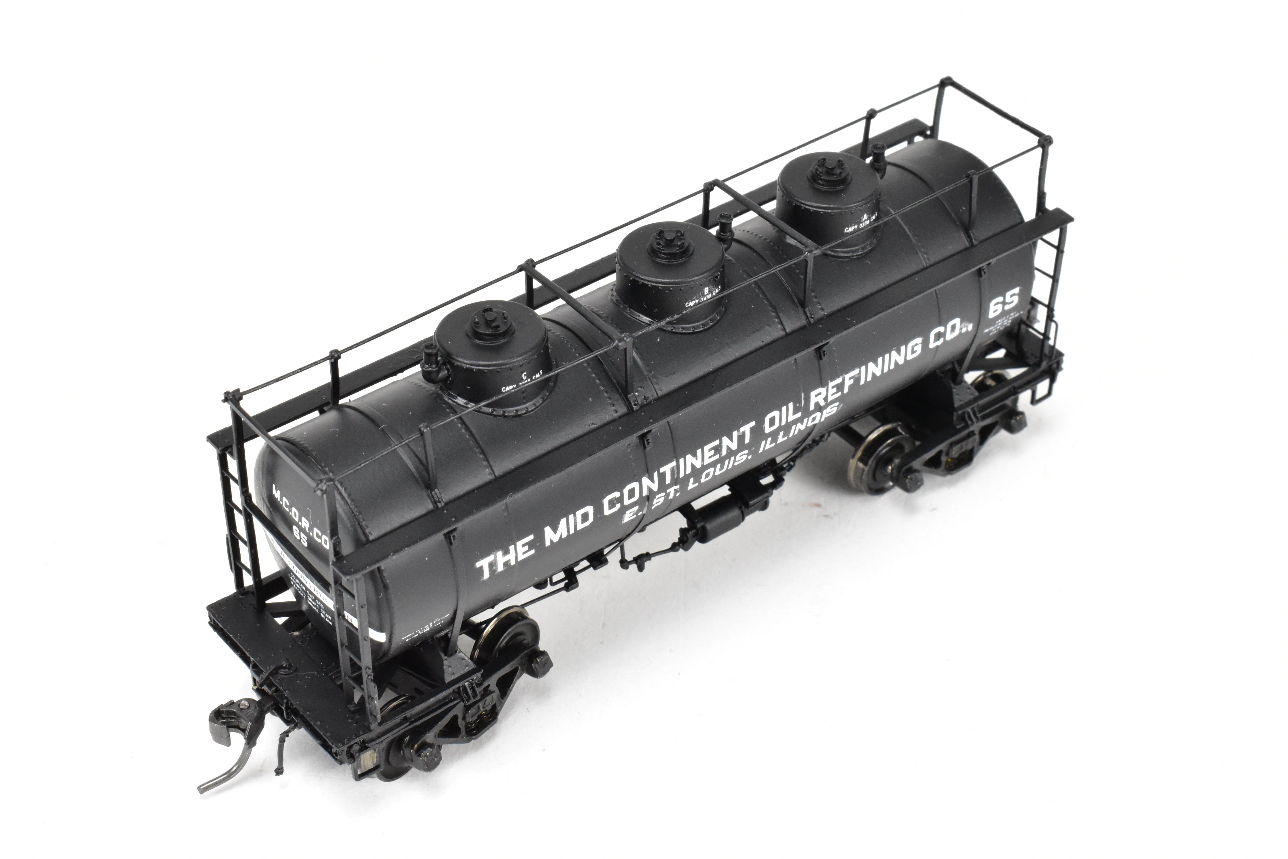 HO Scale Brass Model Train W&R Enterprises Various Roads AC&F 10,000 Gallon 3-Dome Tank Car Featuring High Walkway and Custom Paint by The Mid Continent Oil Refining Co.
