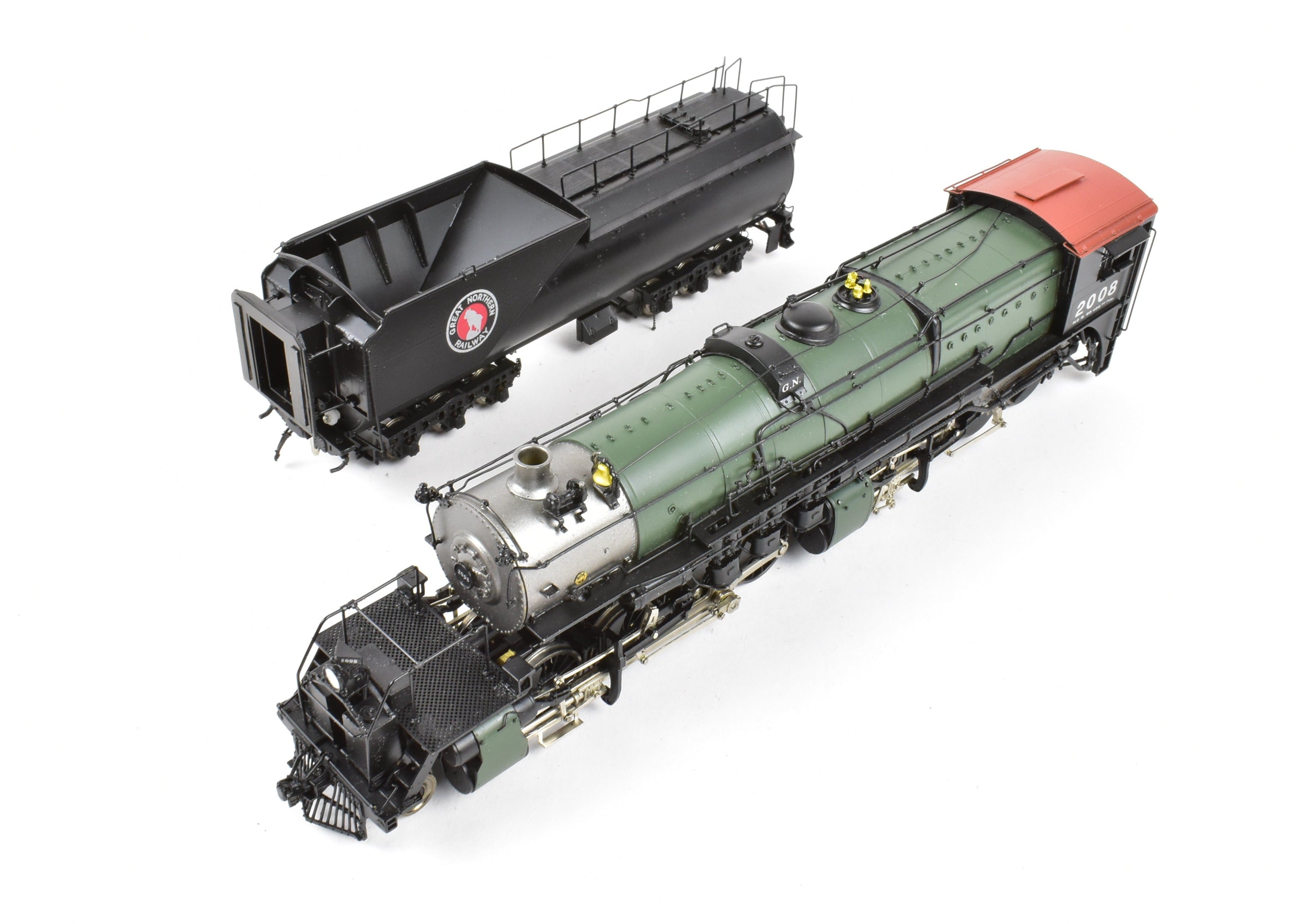 HO Scale Brass Model Train - Precision Scale Co. (PSC) Great Northern Class N - 2 2 - 8 - 8 - 0 Locomotive with Vestibule Cab in Glacier Park Painting Scheme