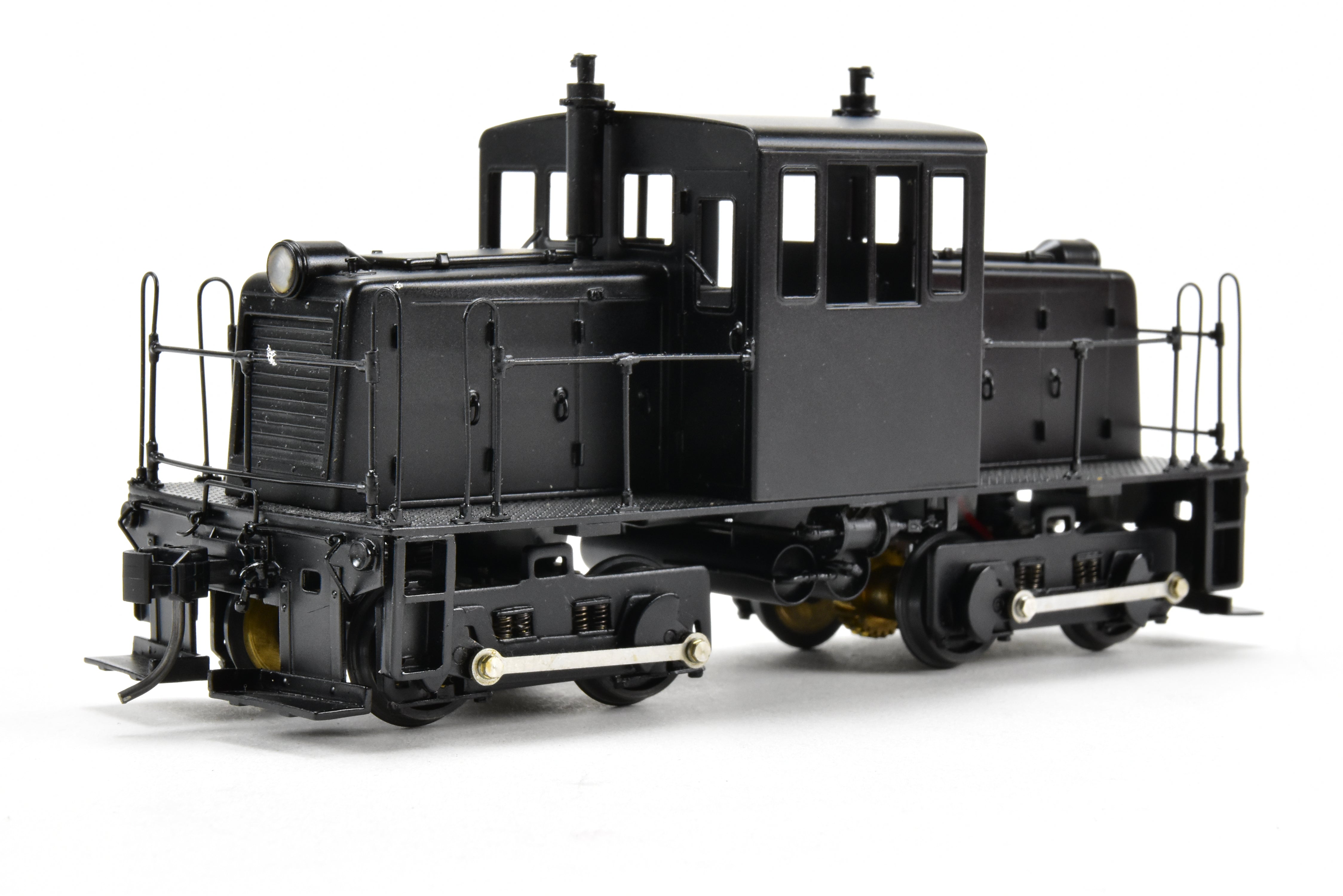 O Scale 1:48th Brass RYM - Rich Yoder Models 45 Ton Side-Rod Diesel FP in Glossy Black, Unlettered, Ideal for Shortline/Industrial Switching