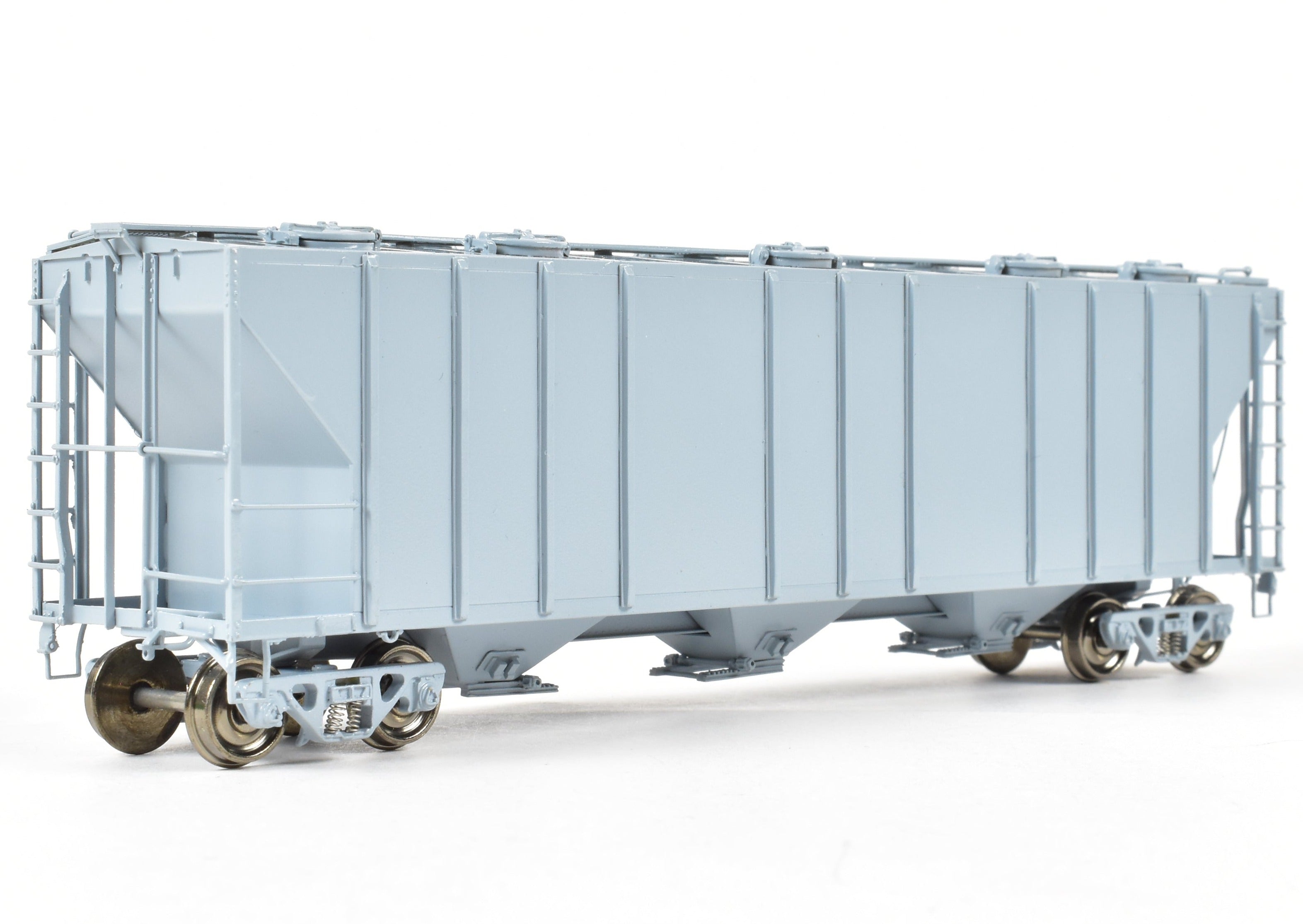 HO Scale Brass PS - 2 Central Discharge Covered Hopper Car Model by Overland Models, Inc. (OMI) in Various Roads, Factory - Painted Scalecoat #20 Grey and Unlettered