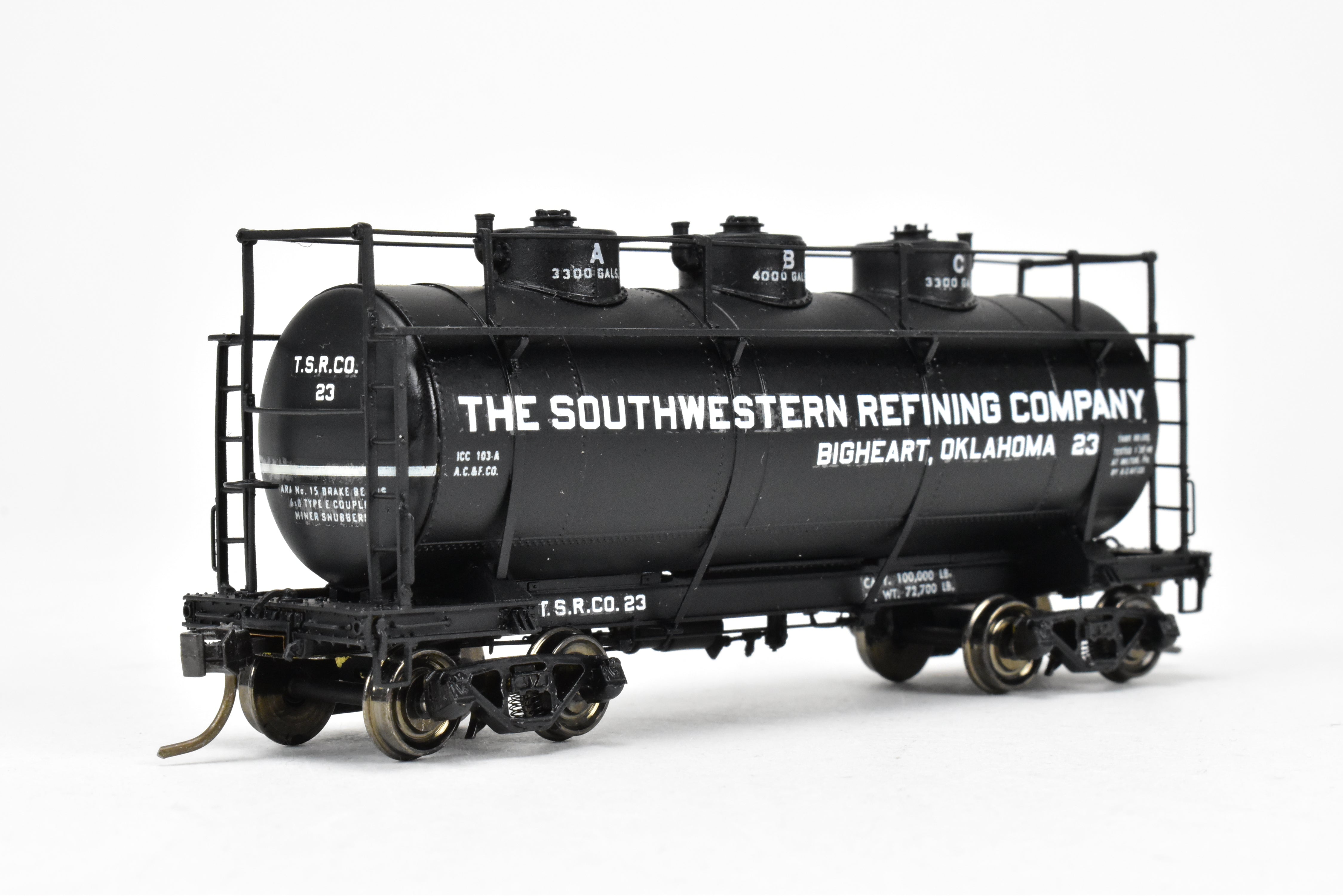 HO Scale Brass Model Train - W&R Enterprises Various Roads AC&F 10,000 GAL 3 - Dome Tank Car Featuring High Walkway and Custom Paint by The Southwestern Refining Company
