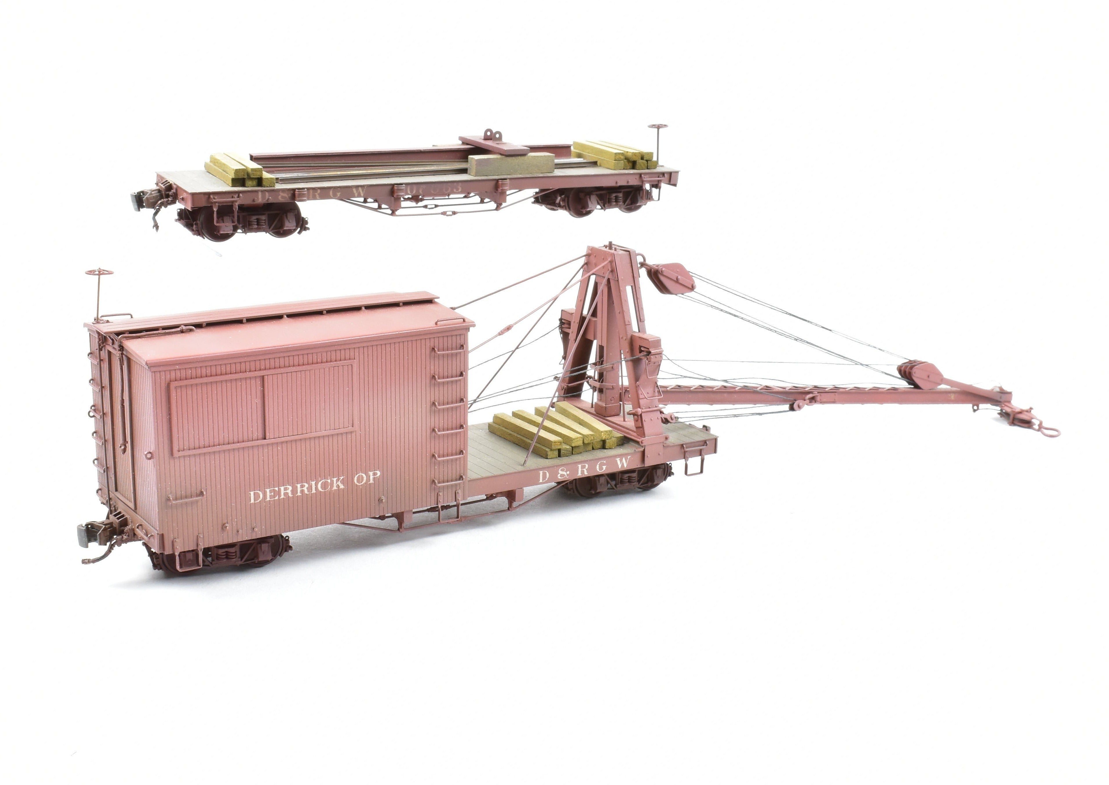 Custom Painted On3 Brass Model of D&RGW - Denver & Rio Grande Western Derrick OP with Idler Car by Westside Model Co.