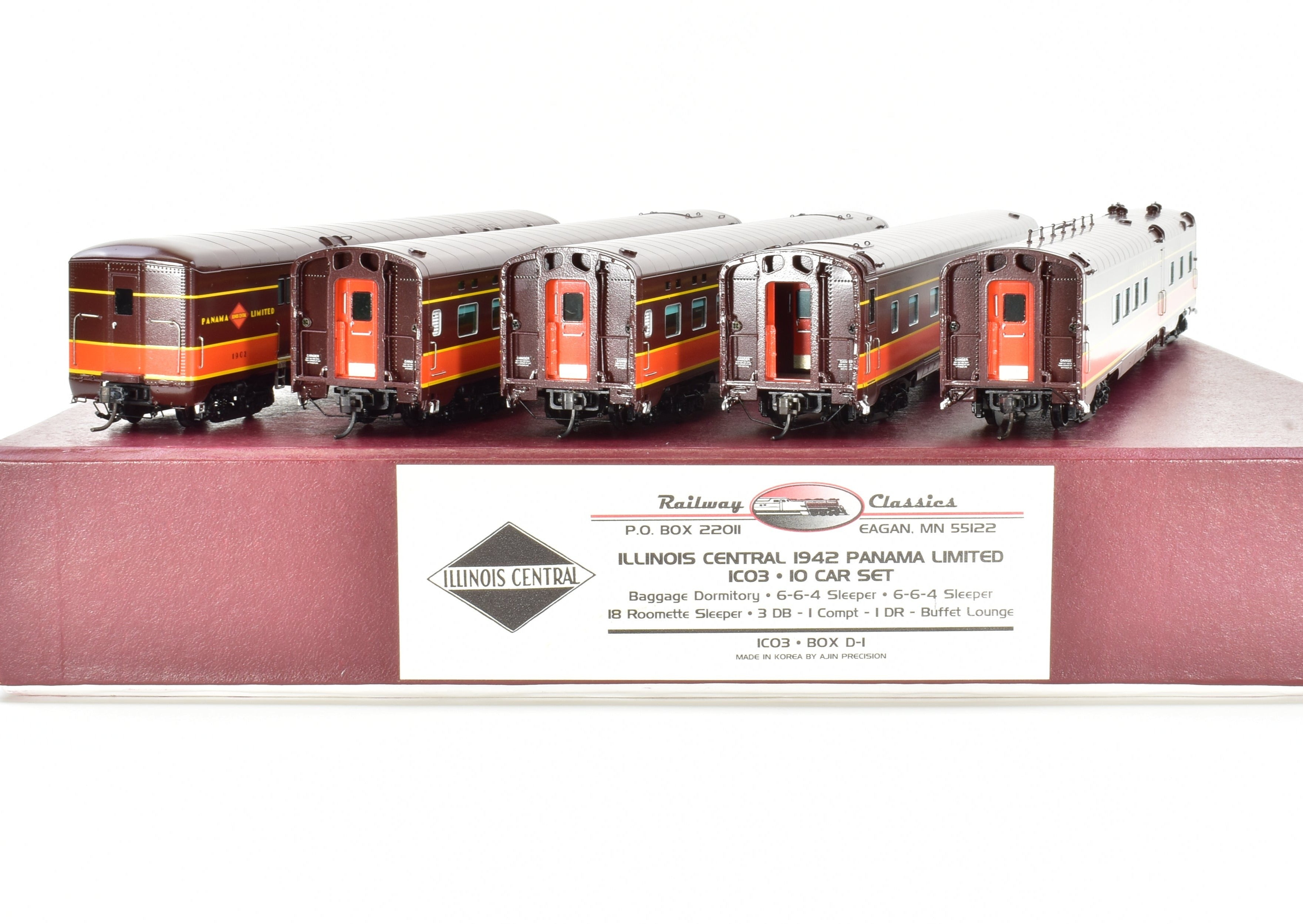 HO Scale Brass Model Train Set - Railway Classics Illinois Central 1942 Panama Limited 10-Car Set with EMD E6 AA Set F/P, Featuring ESU DCC & Sound System