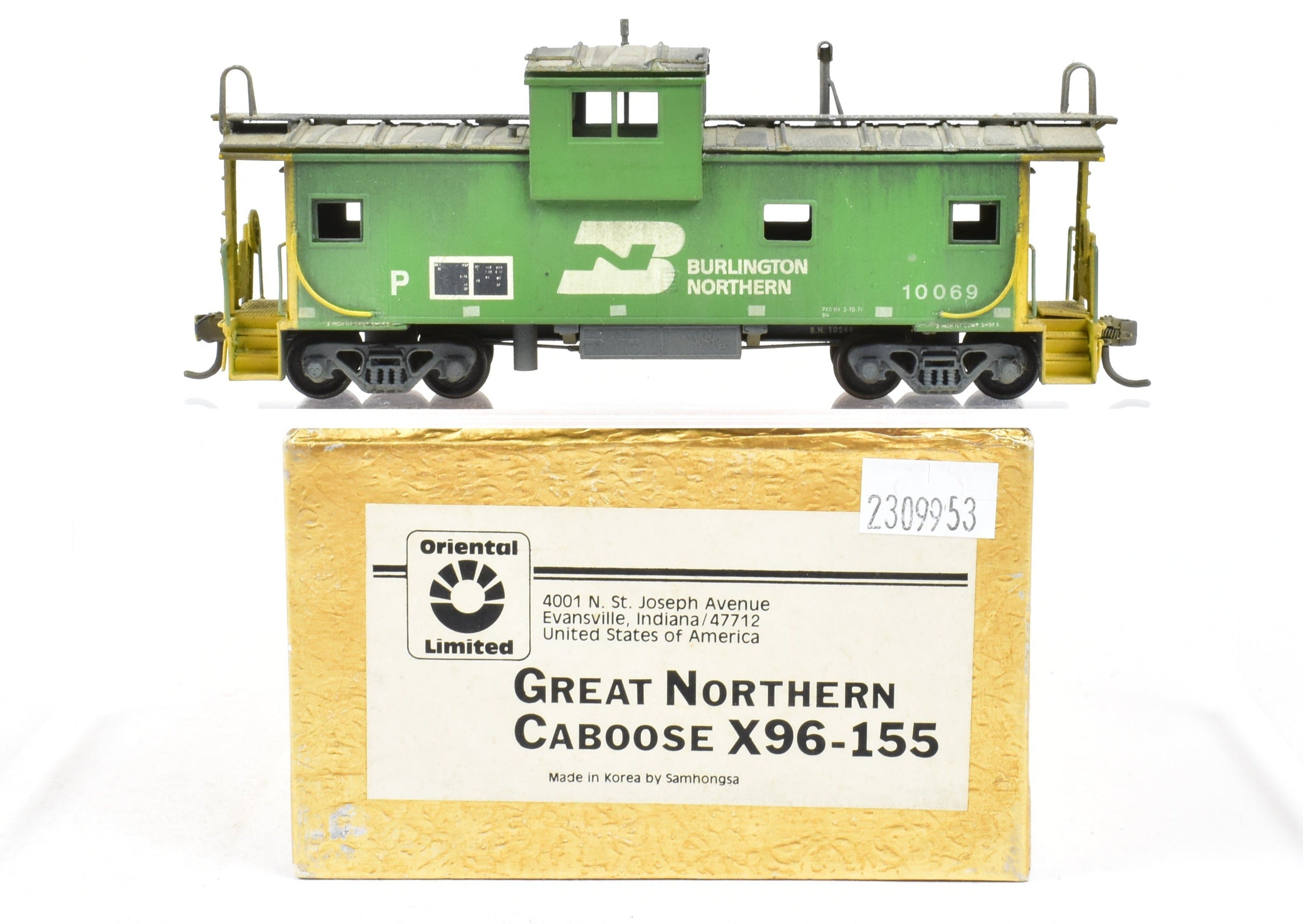 HO Scale Brass Oriental Limited Burlington Northern X Caboose X96 - 155 Class Model with Custom Painting and Weathering Effect
