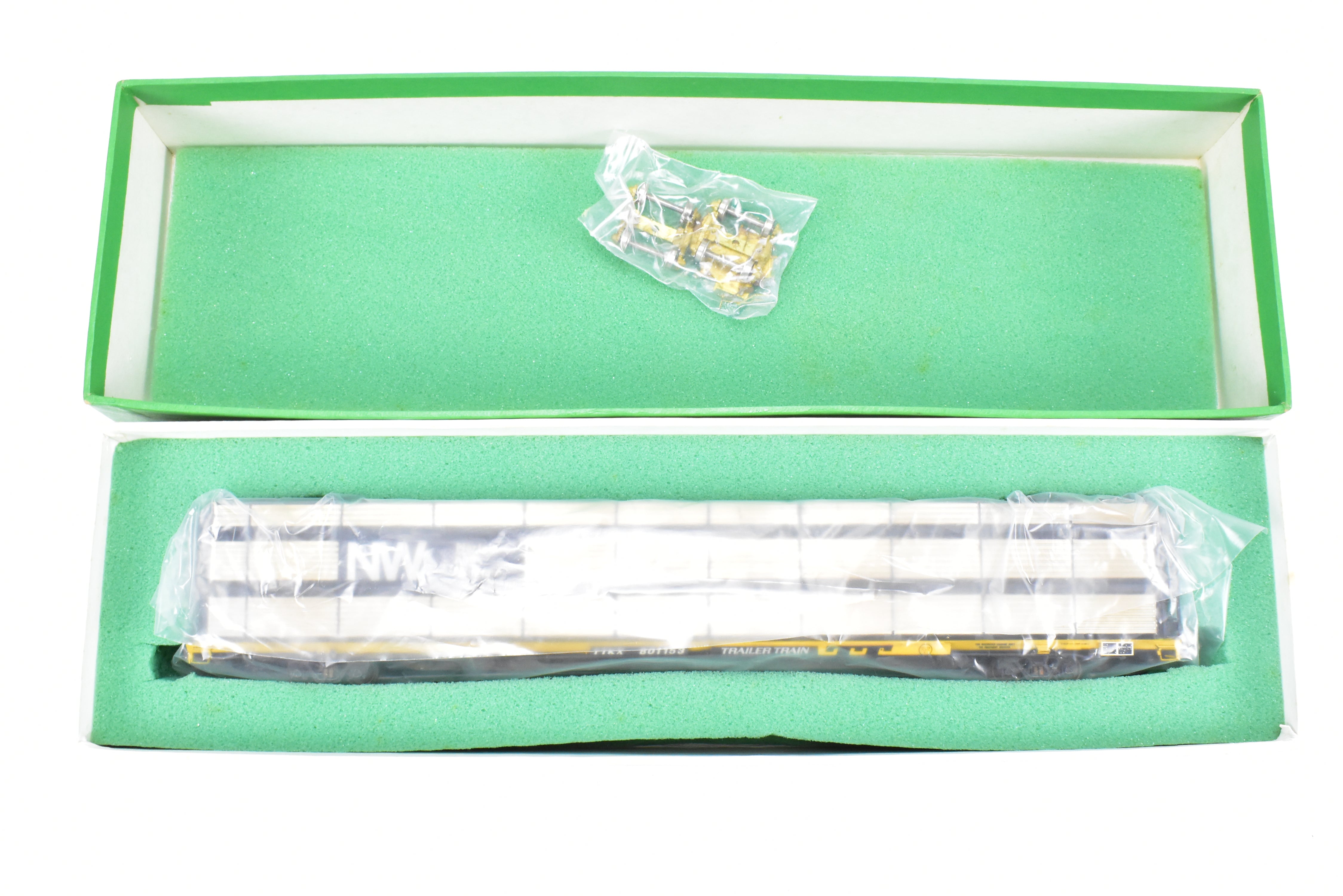 HO Scale Brass Model Tri-Level Auto Rack by Overland Models, Inc. (OMI) - Norfolk & Western Design with Pressed Sides, No Roof, C/P TTKX, and Lightly Weathered Appearance