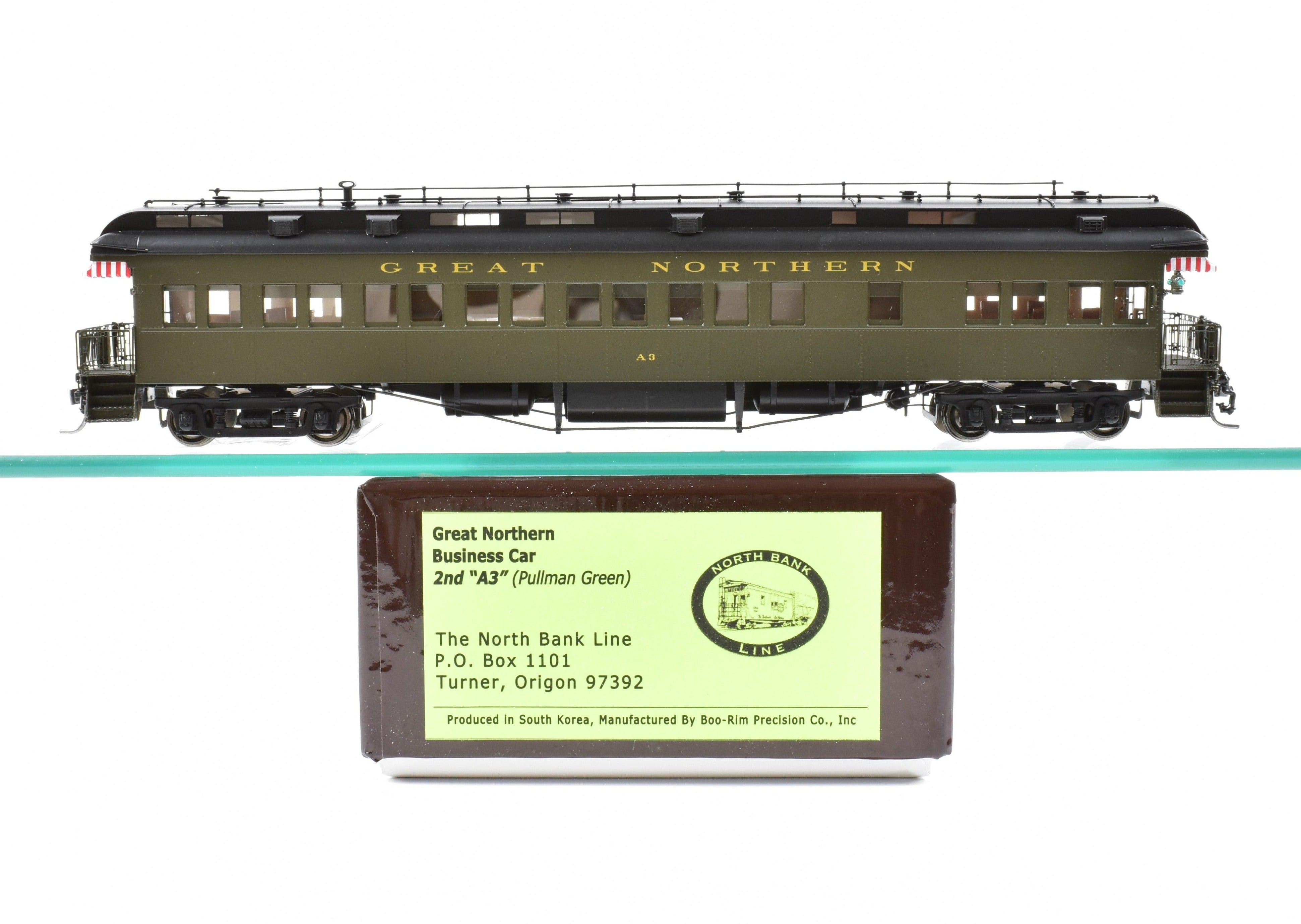 High - Quality HO Scale New Brass Model Train: North Bank Line (NBL) and Great Northern (GN) 2nd A3 Business Car in Pullman Green Color