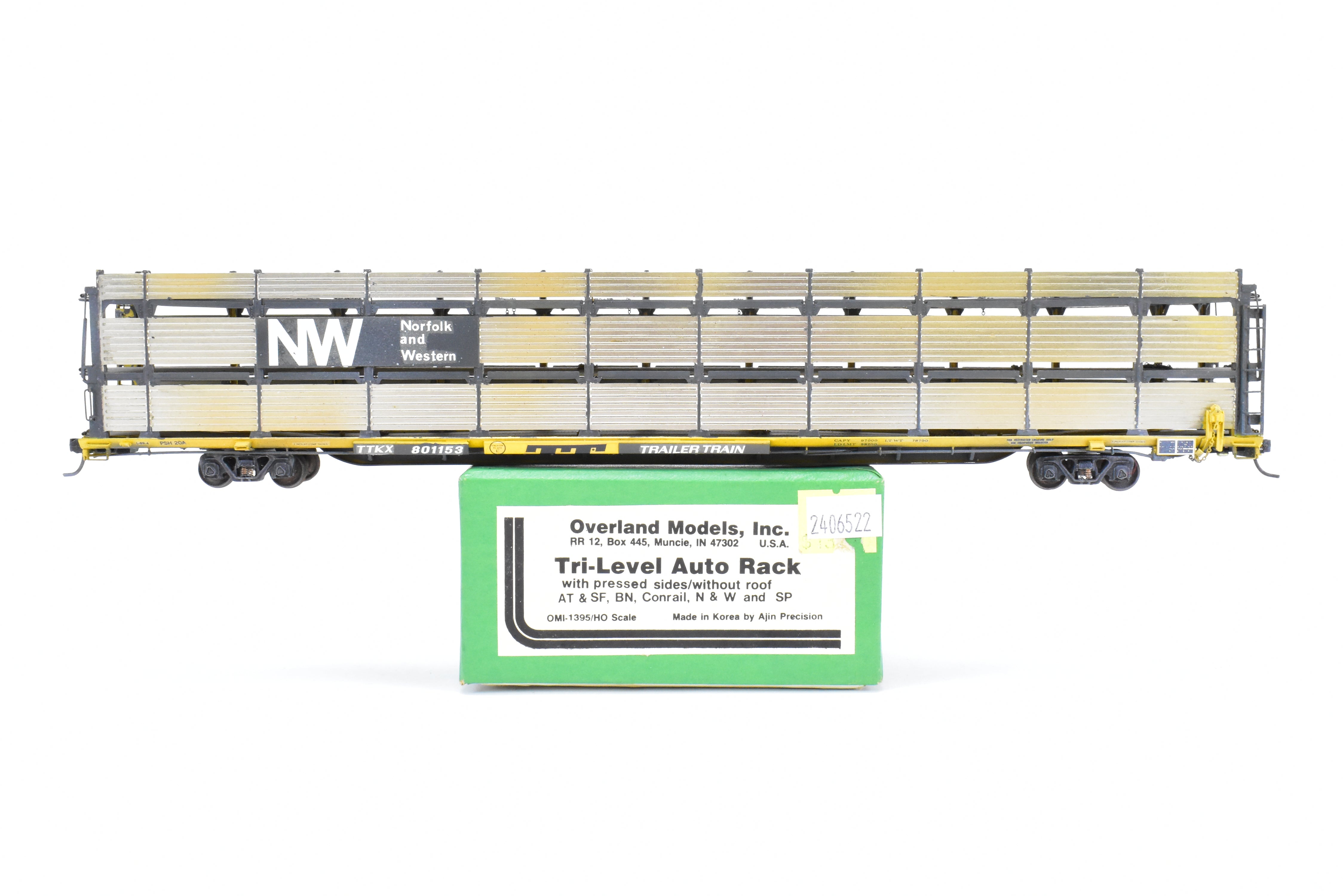 HO Scale Brass Model Tri-Level Auto Rack by Overland Models, Inc. (OMI) - Norfolk & Western Design with Pressed Sides, No Roof, C/P TTKX, and Lightly Weathered Appearance