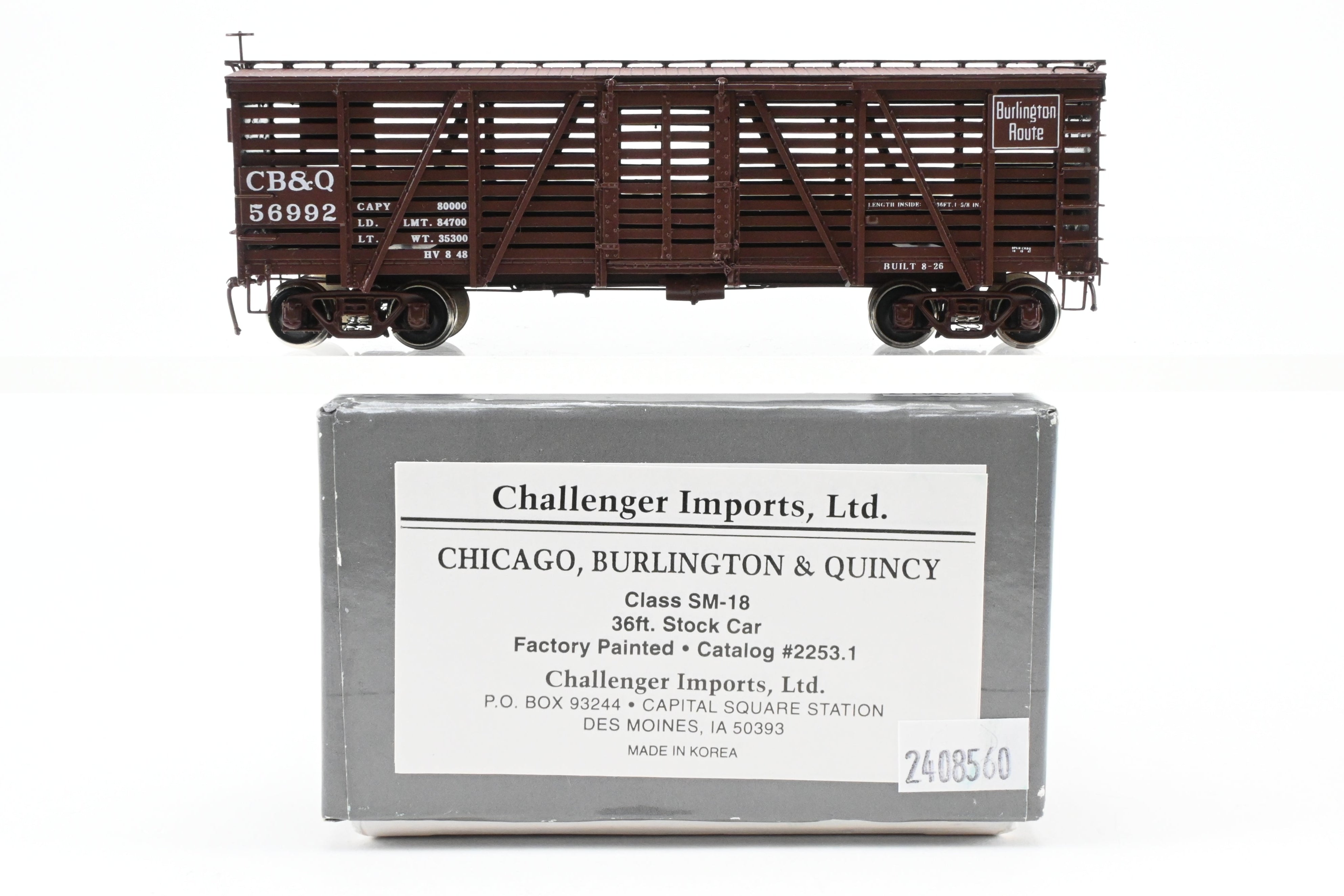 HO Scale Brass Challenger Imports CIL CB&Q - Burlington Route Class SM - 18 36 - Foot Stock Car Freight Product No. 56992