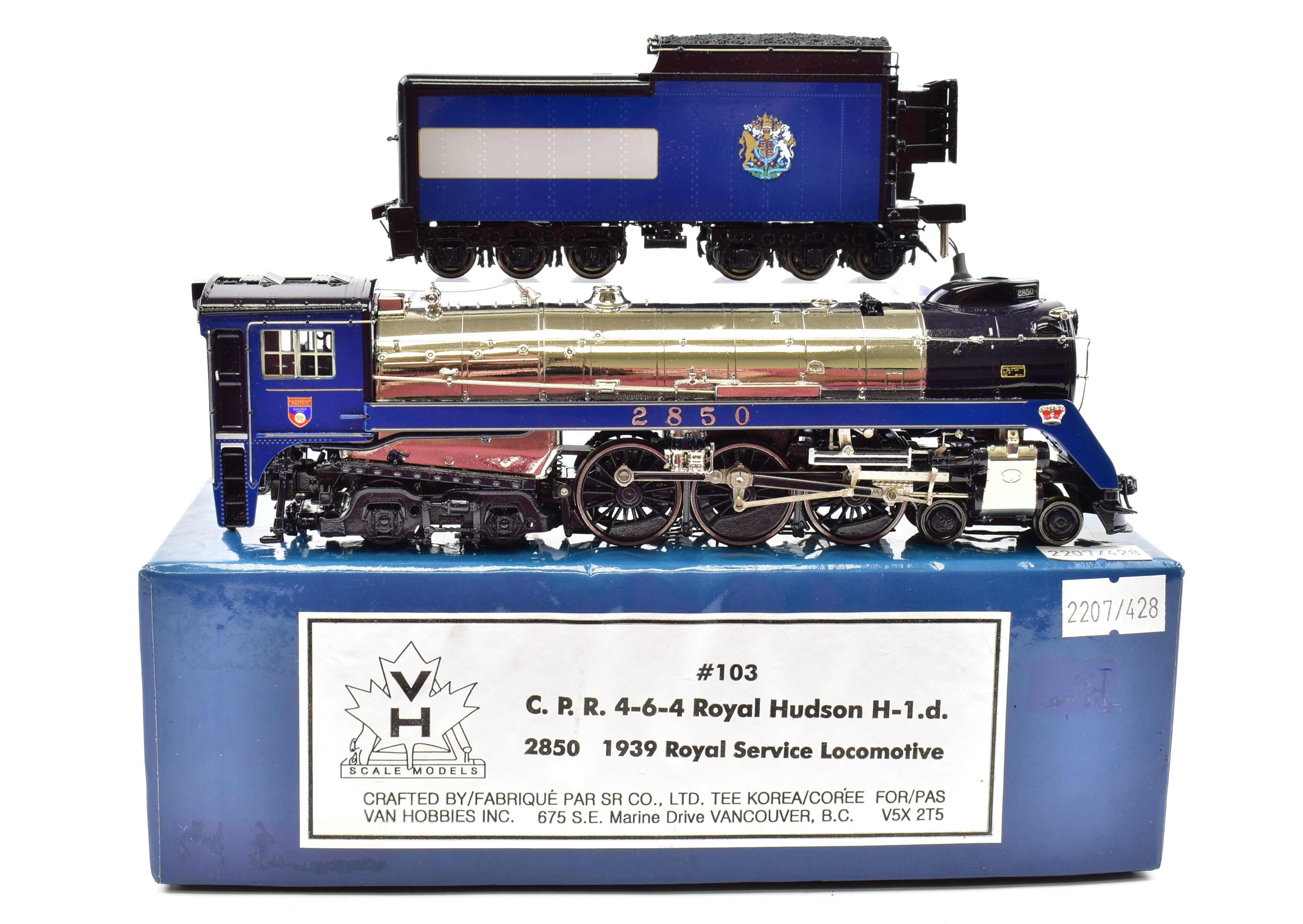 HO Scale Brass Model Train - Van Hobbies CPR Canadian Pacific Railway 4-6-4 Class H1d Royal Hudson 1939 Royal Service Locomotive with Factory Painted Road Number 2850