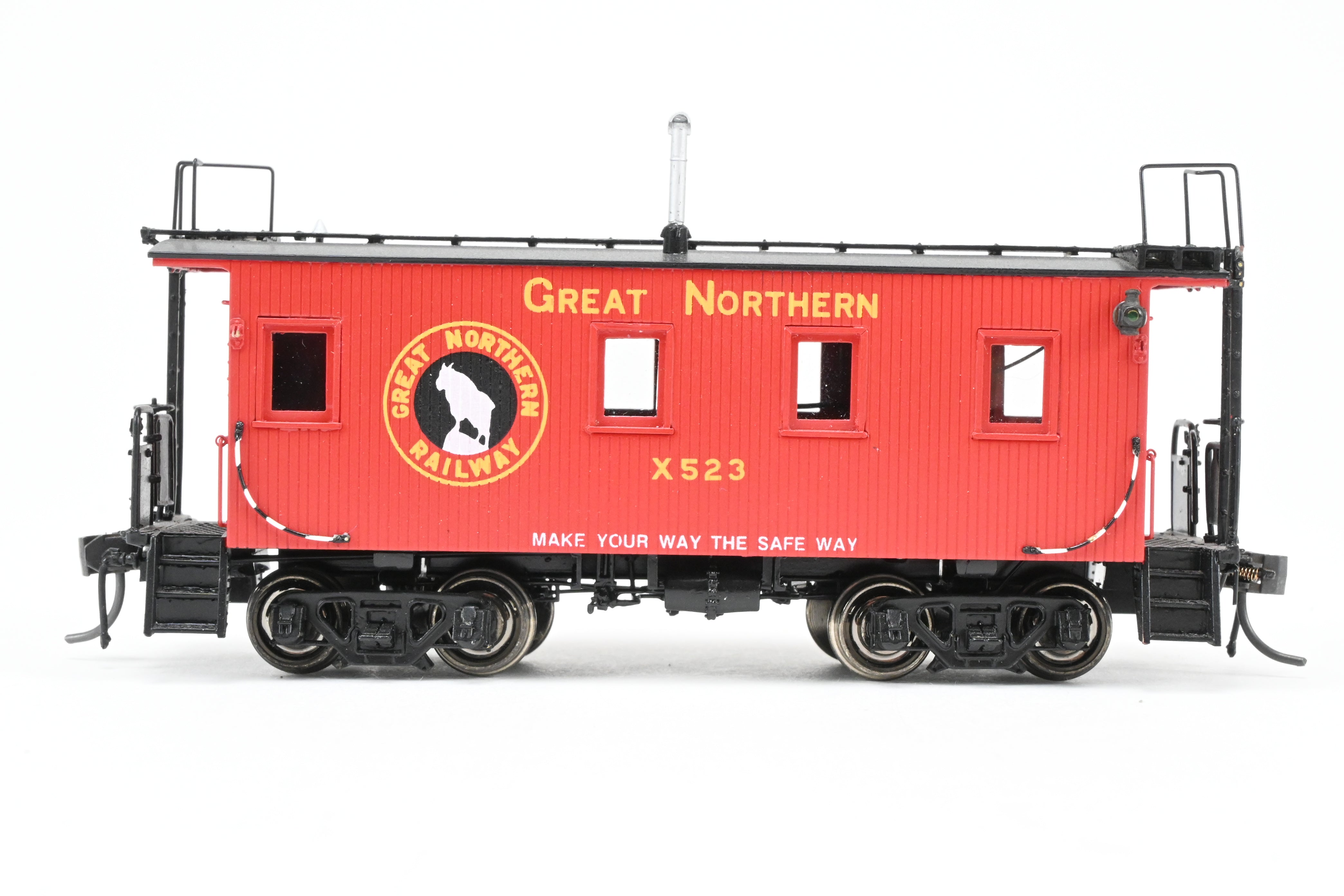 HO Scale Brass Converted Caboose - Challenger Imports Great Northern X523, 25-Foot Wood Caboose, Later Version with Added Marker Lights and Wrong Packaging