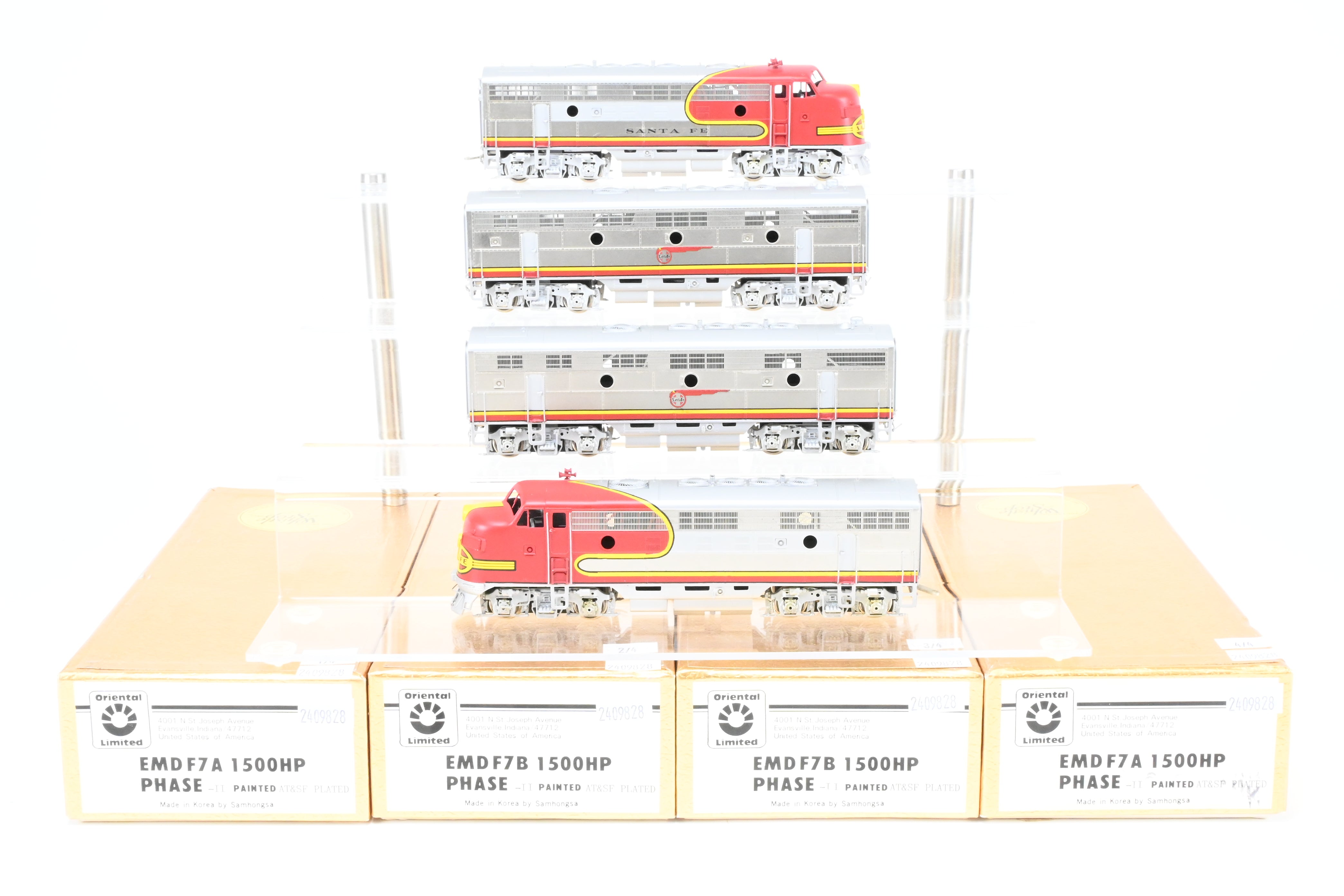 HO Scale Brass Model Train Oriental Limited ATSF - Santa Fe EMD F7 Phase II 1500 HP A/B/B/A Set with Factory Plated and Painted Finish