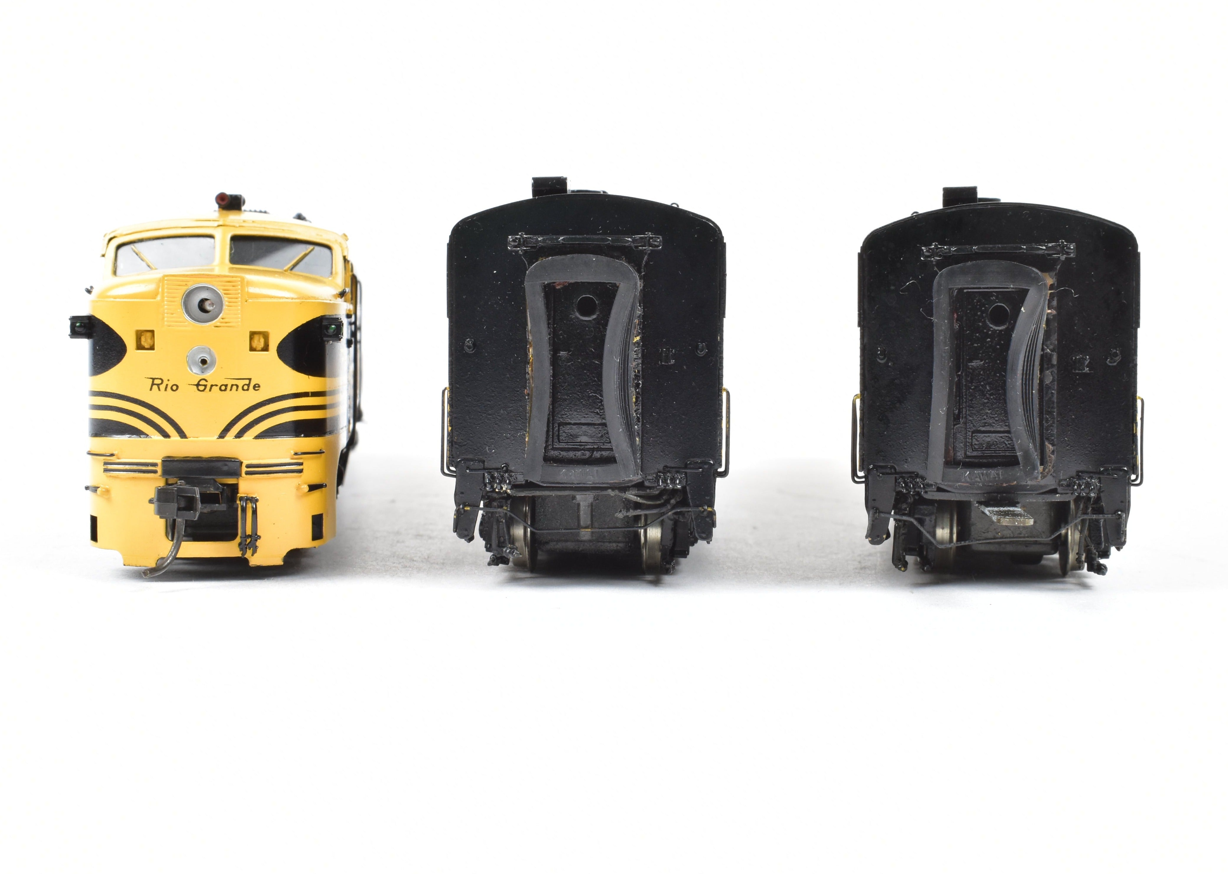 HO Scale Brass Model Train Key Imports D&RGW - Denver & Rio Grande Western Alco PA A/B/A Set Locomotive in Black and Yellow Color Scheme