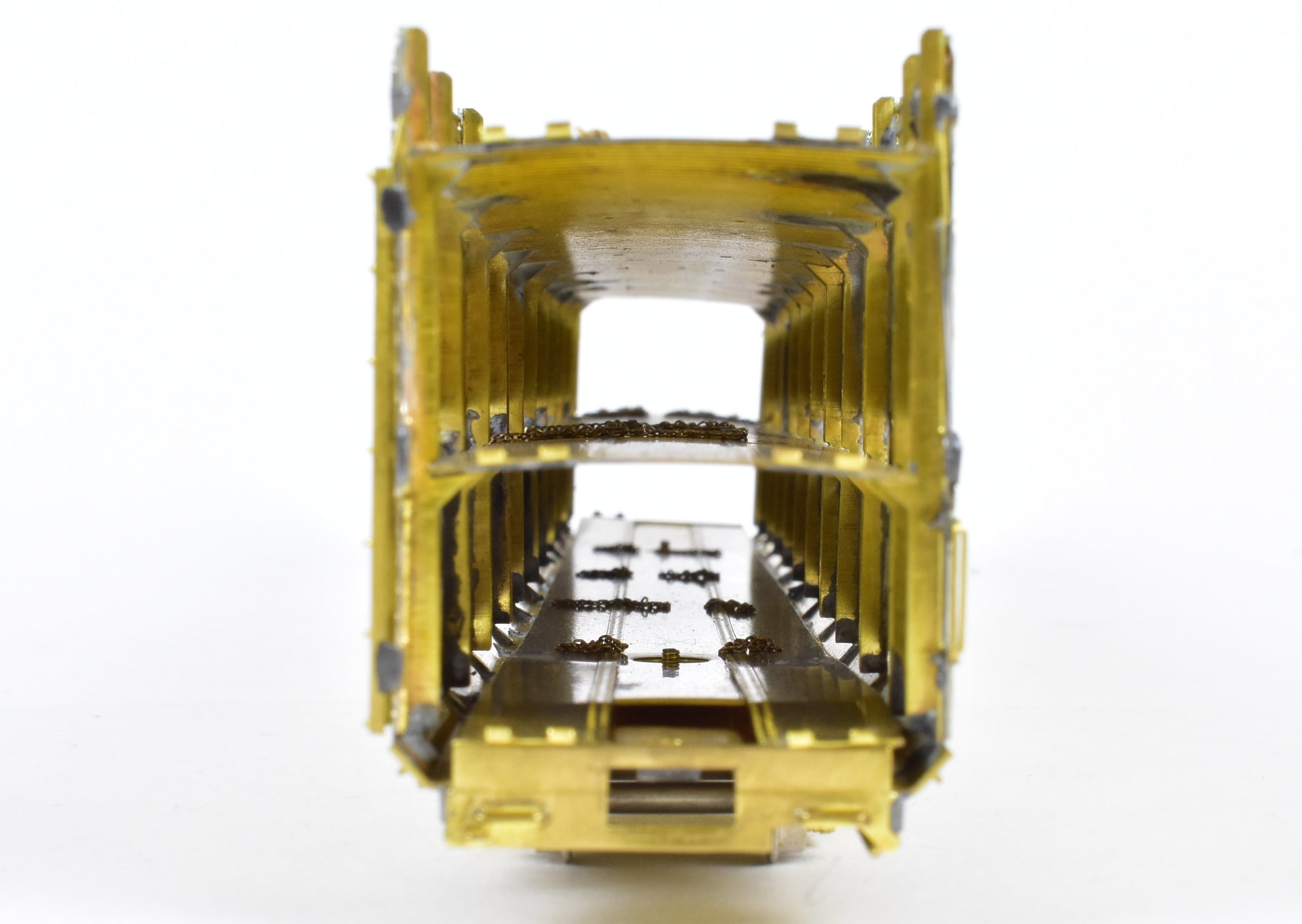 HO Scale Brass Tri - Level Auto Rack Model by Overland Models, Inc. (OMI) for Various Railroads like ATSF, BN, CR, N&W, and SP with Pressed Sides and Optional Roof