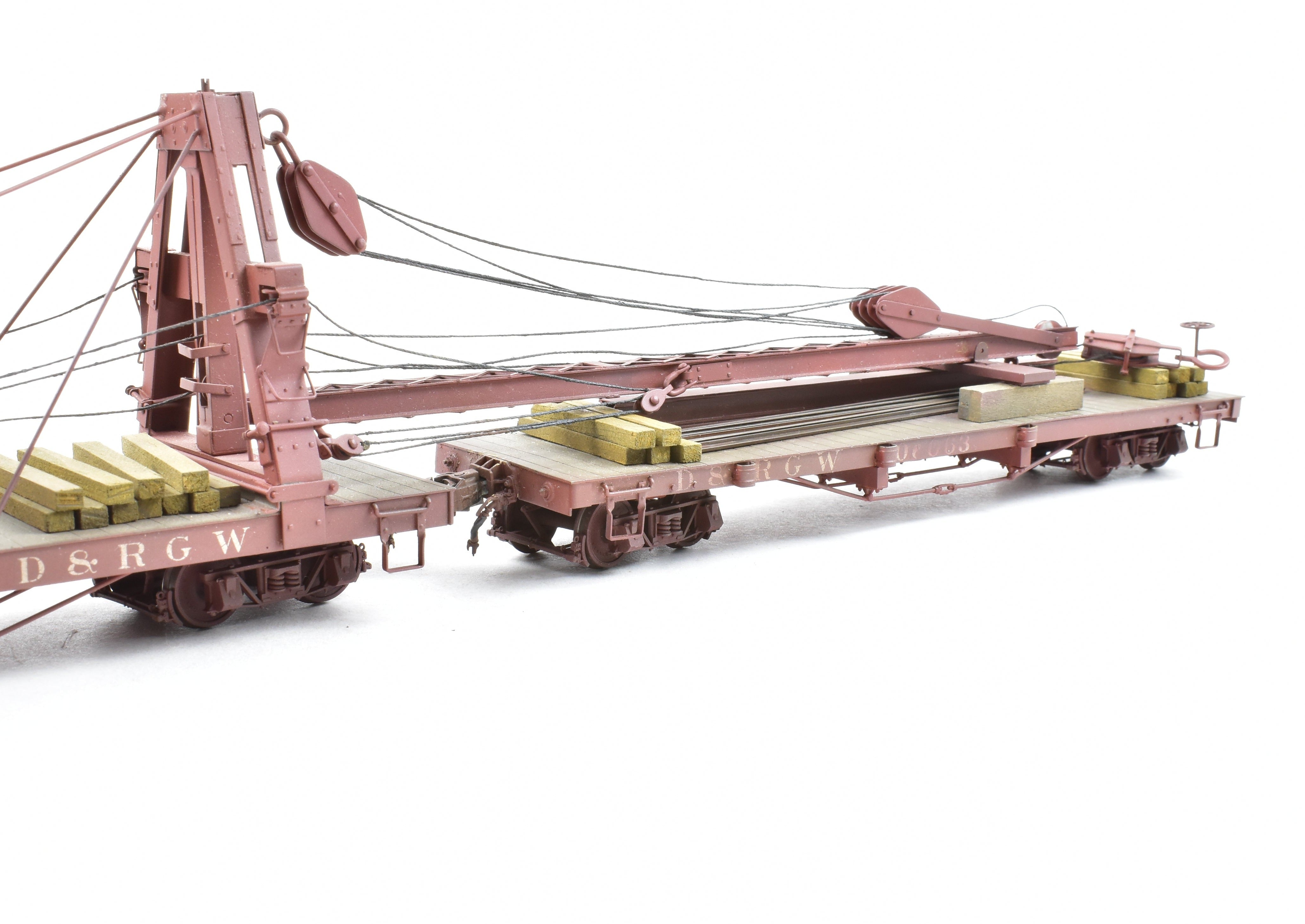 Custom Painted On3 Brass Model of D&RGW - Denver & Rio Grande Western Derrick OP with Idler Car by Westside Model Co.