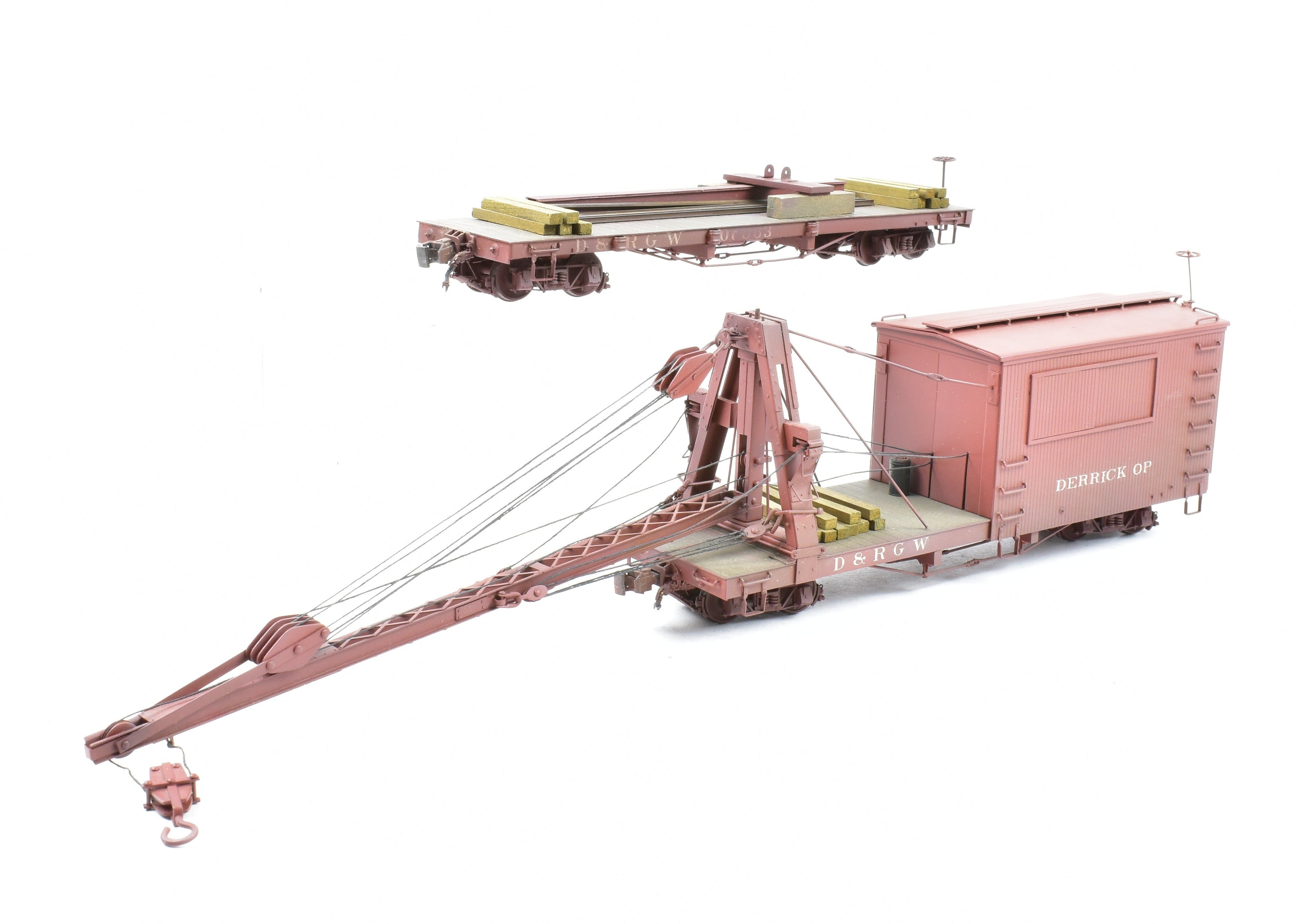 Custom Painted On3 Brass Model of D&RGW - Denver & Rio Grande Western Derrick OP with Idler Car by Westside Model Co.