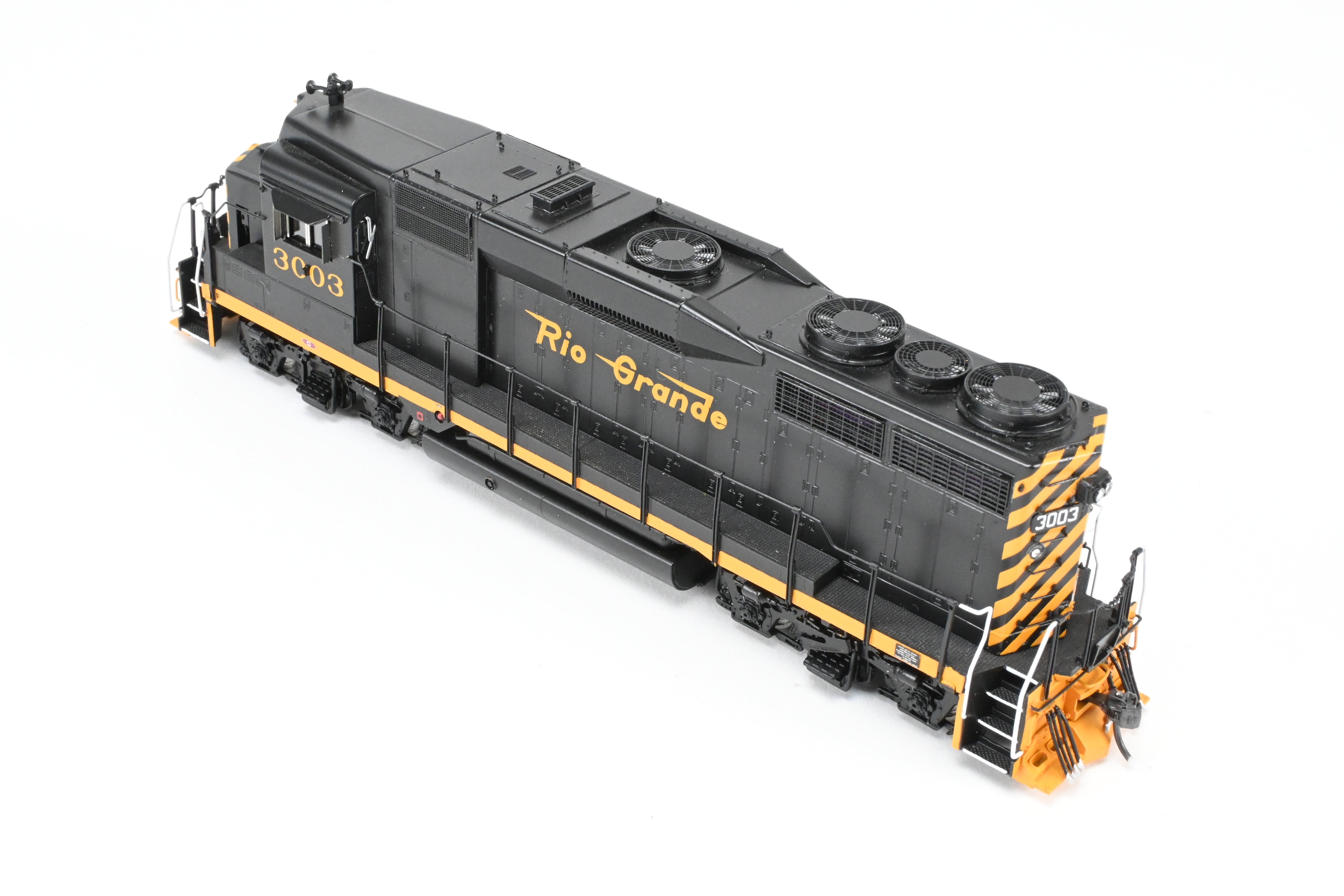 HO Scale Brass Diesel Locomotive Model - Overland Models, Inc. Denver And Rio Grande Western EMD GP30 FP in Black/Orange Color, Numbered #3003, Equipped with DCC & Sound