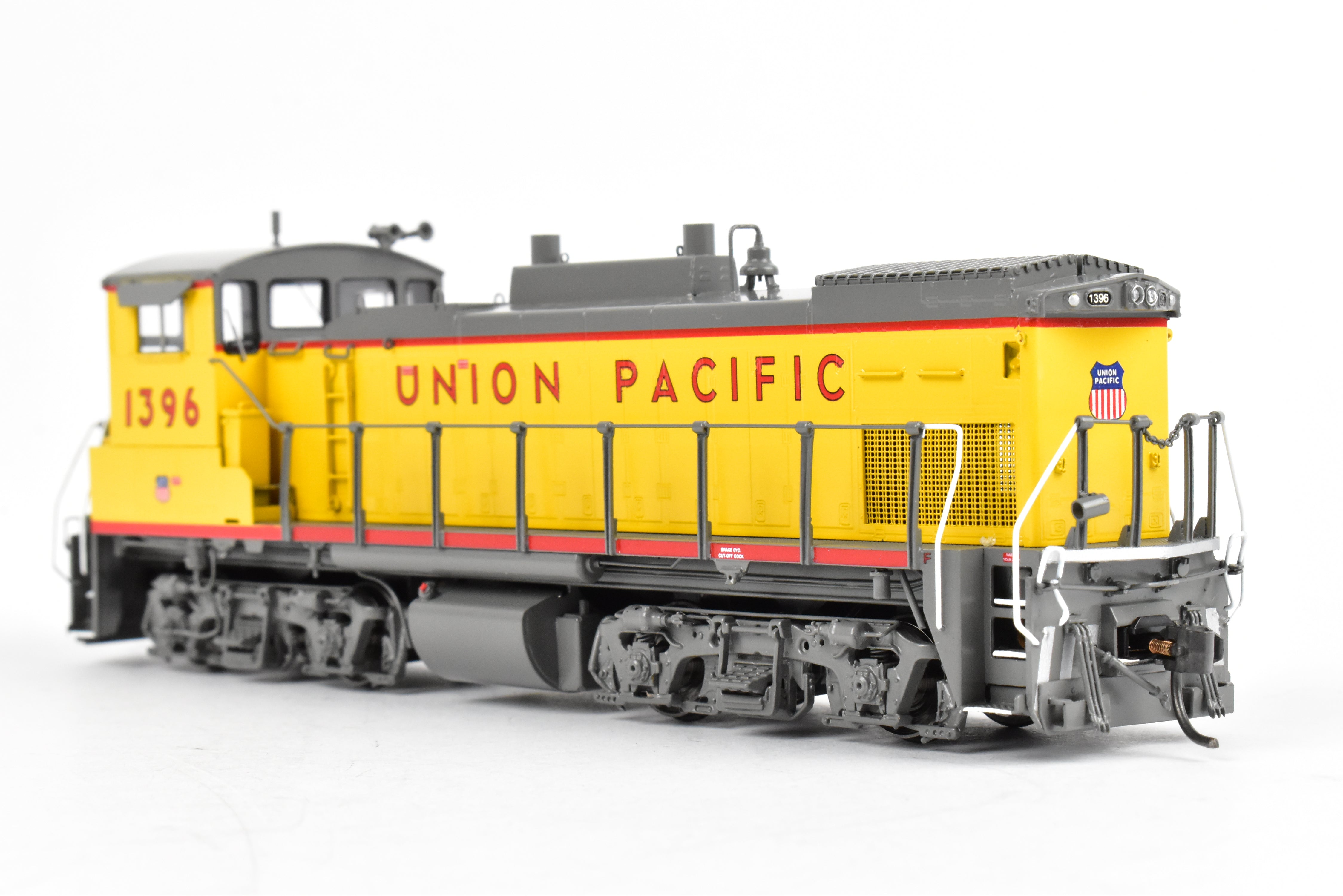 HO Scale Brass Model Train - Overland Models Inc. Union Pacific EMD MP15AC (formerly MKT) Freight Locomotive in Striking Yellow/Gray Color Scheme, Road Number 1396