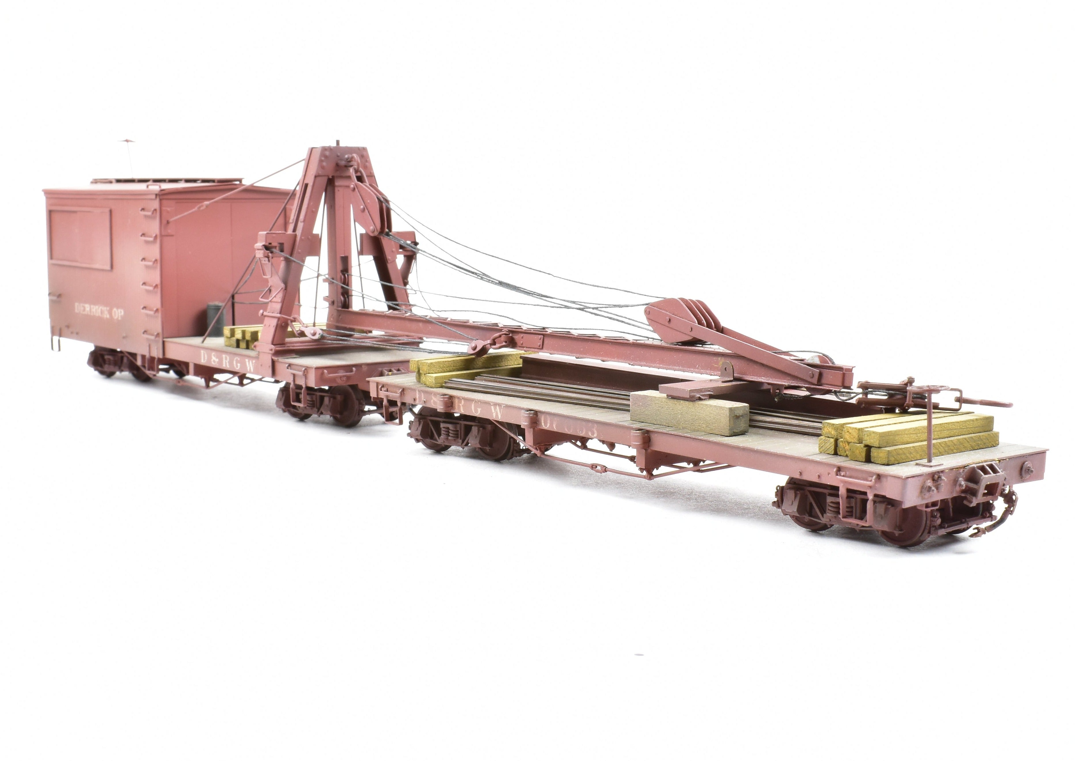 Custom Painted On3 Brass Model of D&RGW - Denver & Rio Grande Western Derrick OP with Idler Car by Westside Model Co.