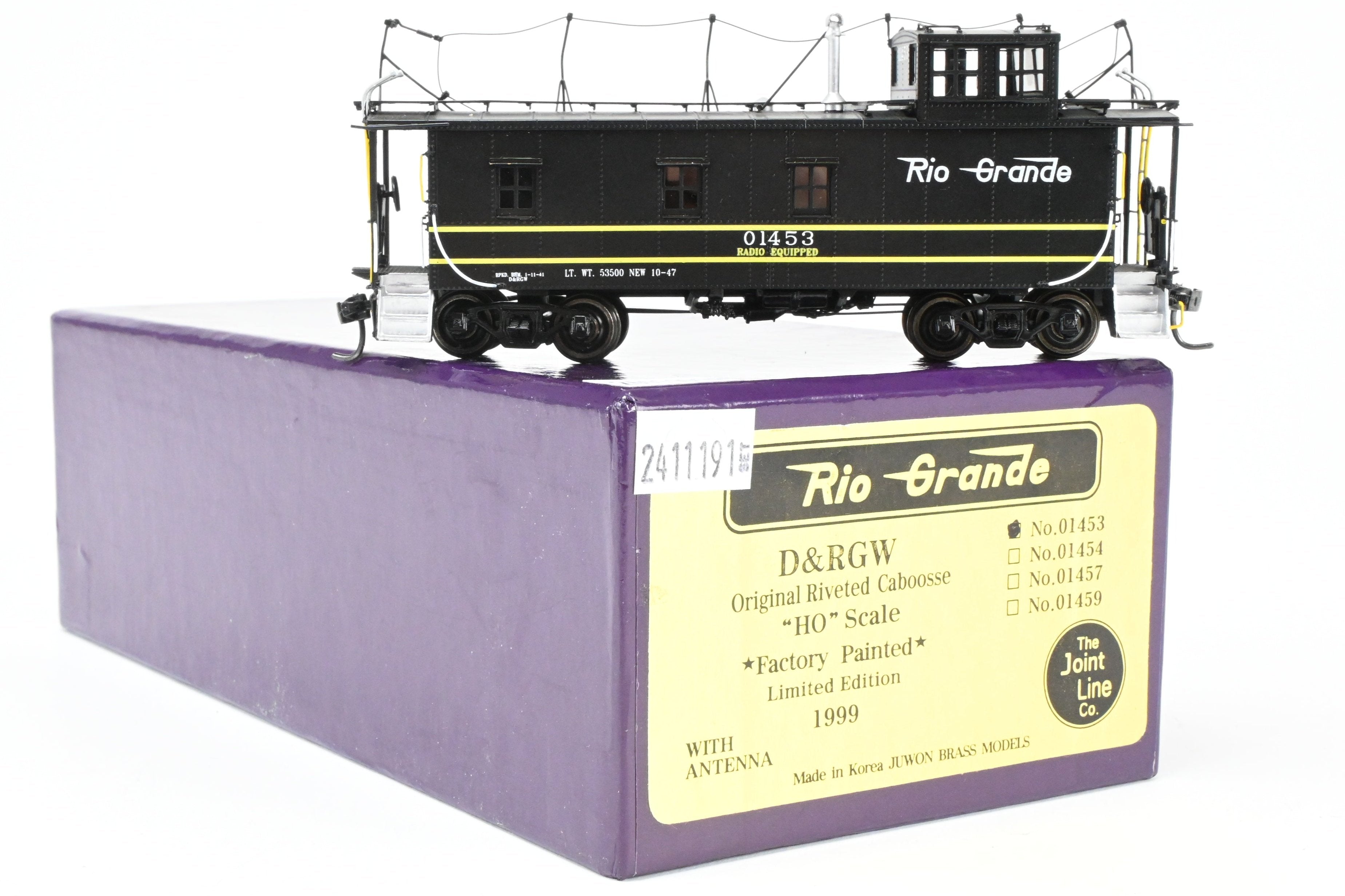 High - Quality HO Scale Brass Model Railroad Caboose by The Joint Line Co. - Denver & Rio Grande Original Riveted Steel Caboose Limited Edition FP Number 01453 with Antenna