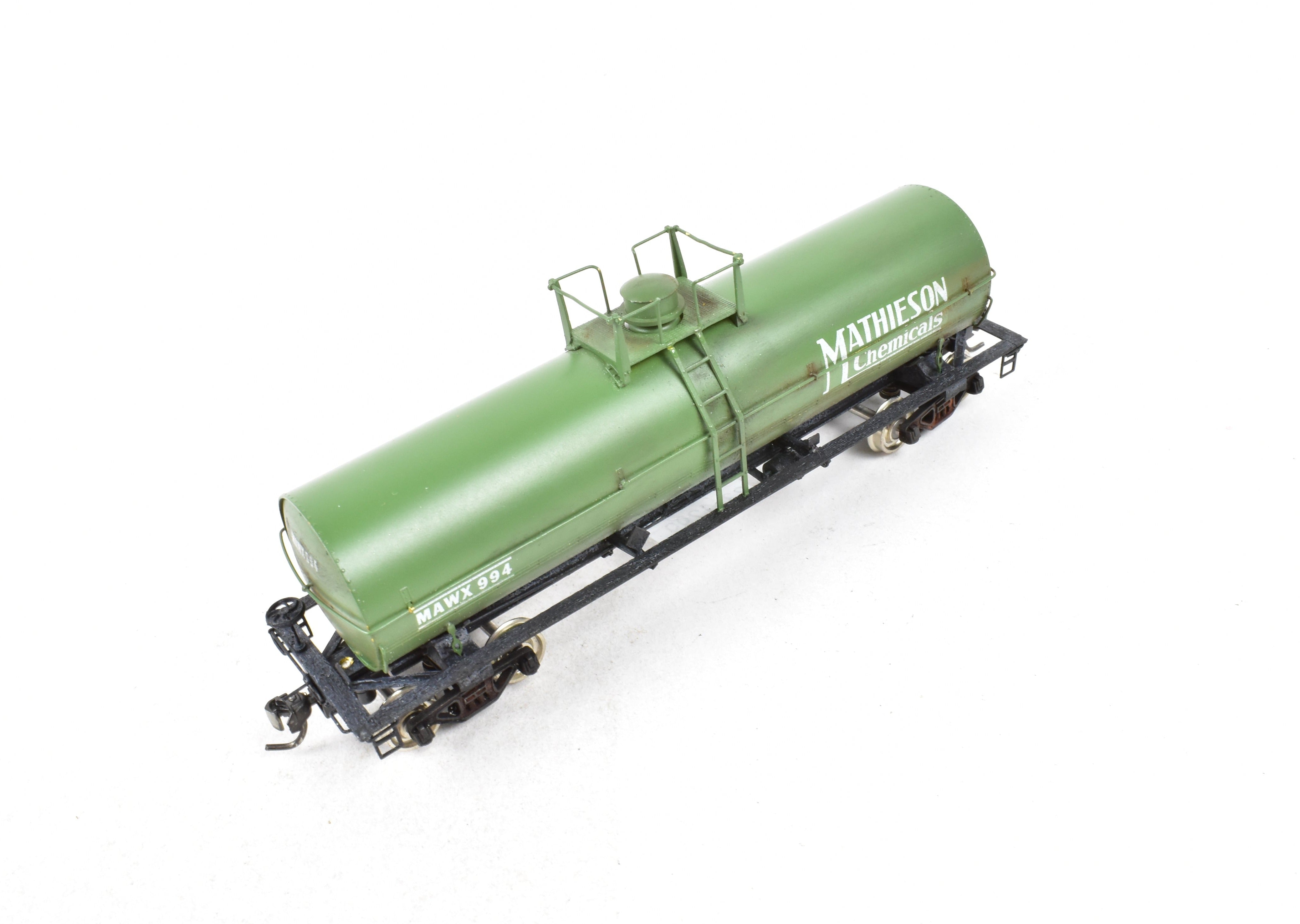 HO Scale Brass Precision Scale Co. 12,000 Gallon Tank Car Model Painted in Green with Mathieson Chemicals Decals
