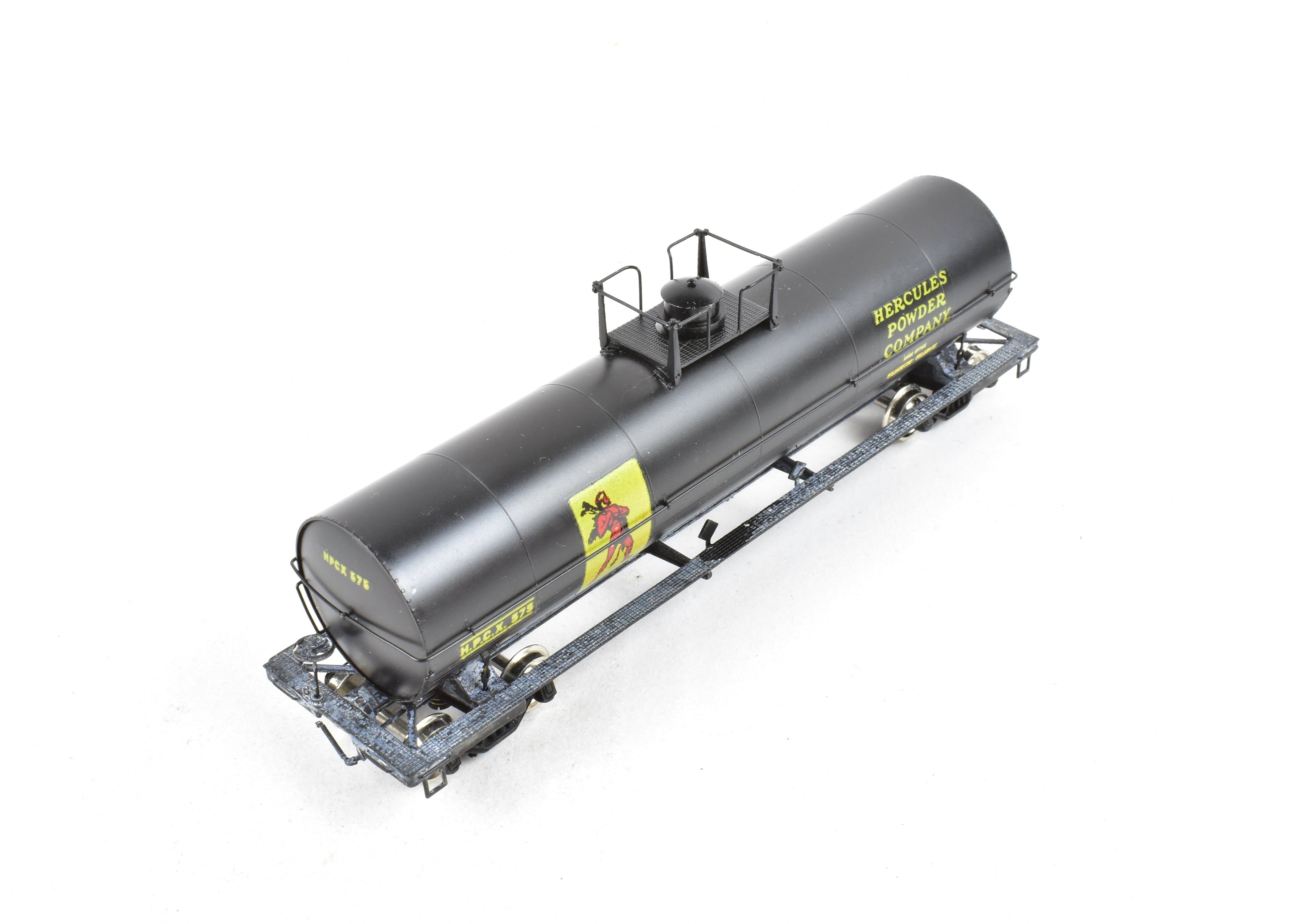 HO Scale Brass Precision Scale Co. 12,000 Gallon Tank Car, Professionally Painted Black with Hercules Powder Company Lettering
