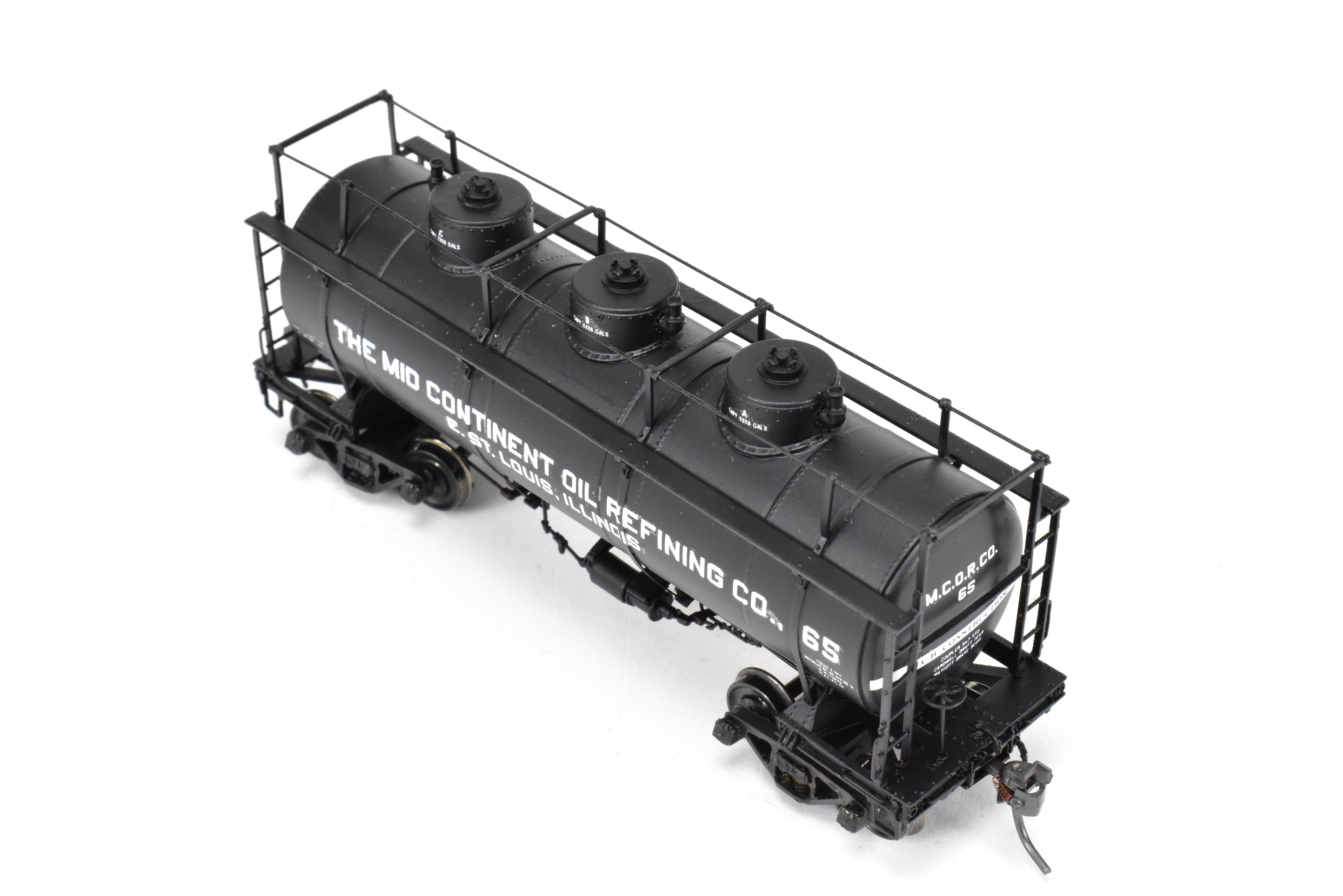 HO Scale Brass Model Train W&R Enterprises Various Roads AC&F 10,000 Gallon 3-Dome Tank Car Featuring High Walkway and Custom Paint by The Mid Continent Oil Refining Co.