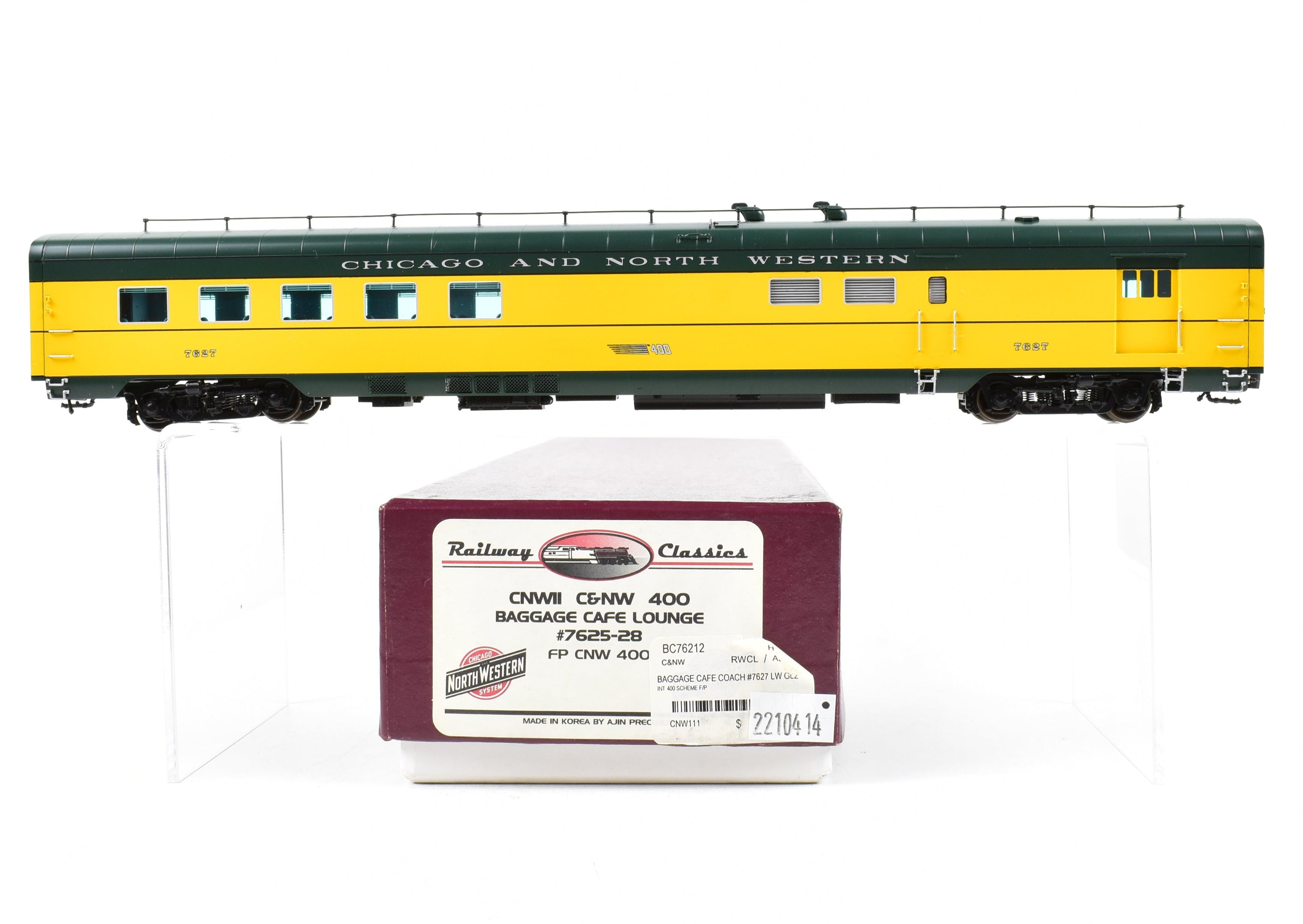 HO Scale Brass Railway Classics Model - Chicago and North Western 400 Baggage Cafe Lounge Car FP, Featuring Road Number 7627