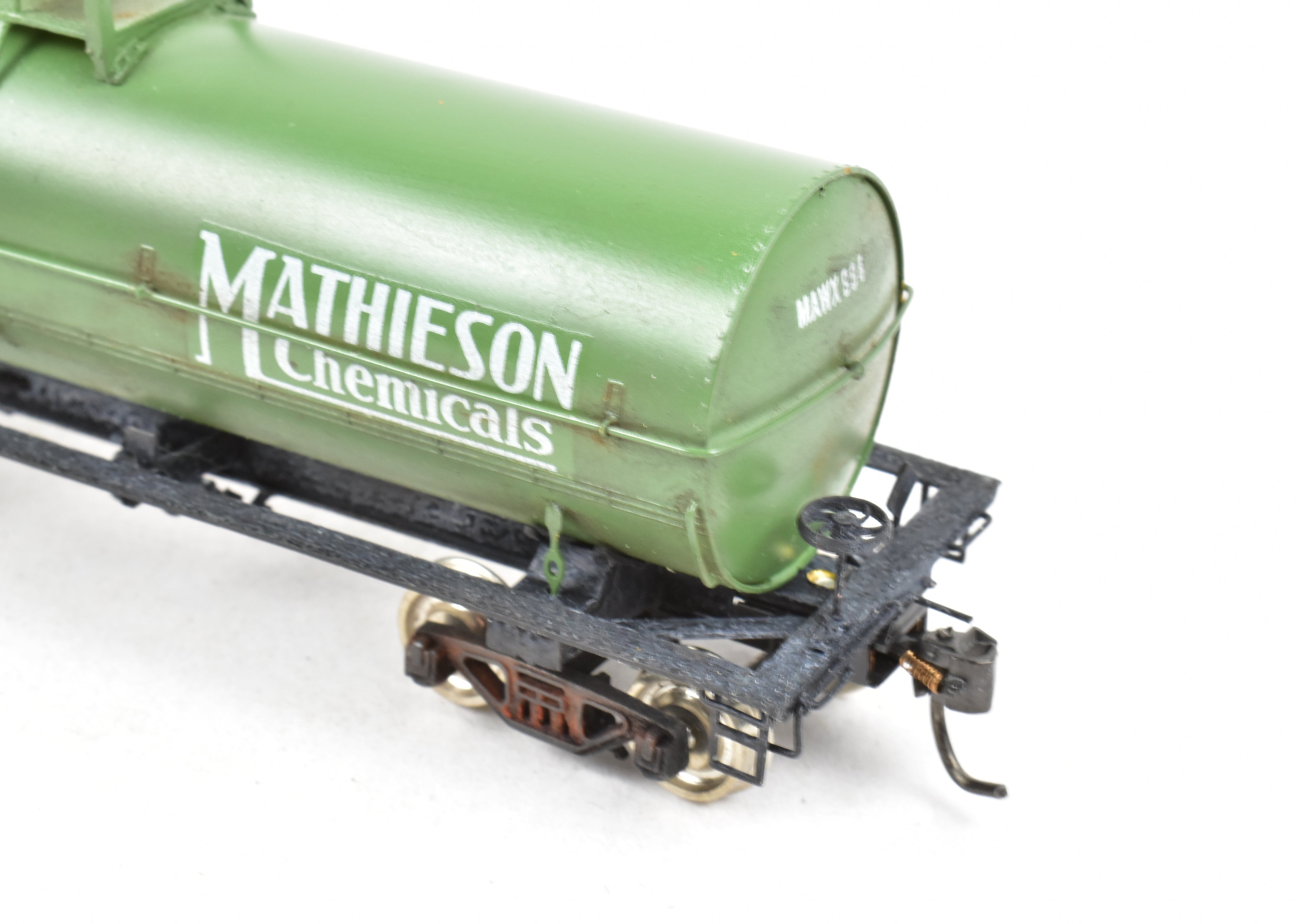 HO Scale Brass Precision Scale Co. 12,000 Gallon Tank Car Model Painted in Green with Mathieson Chemicals Decals