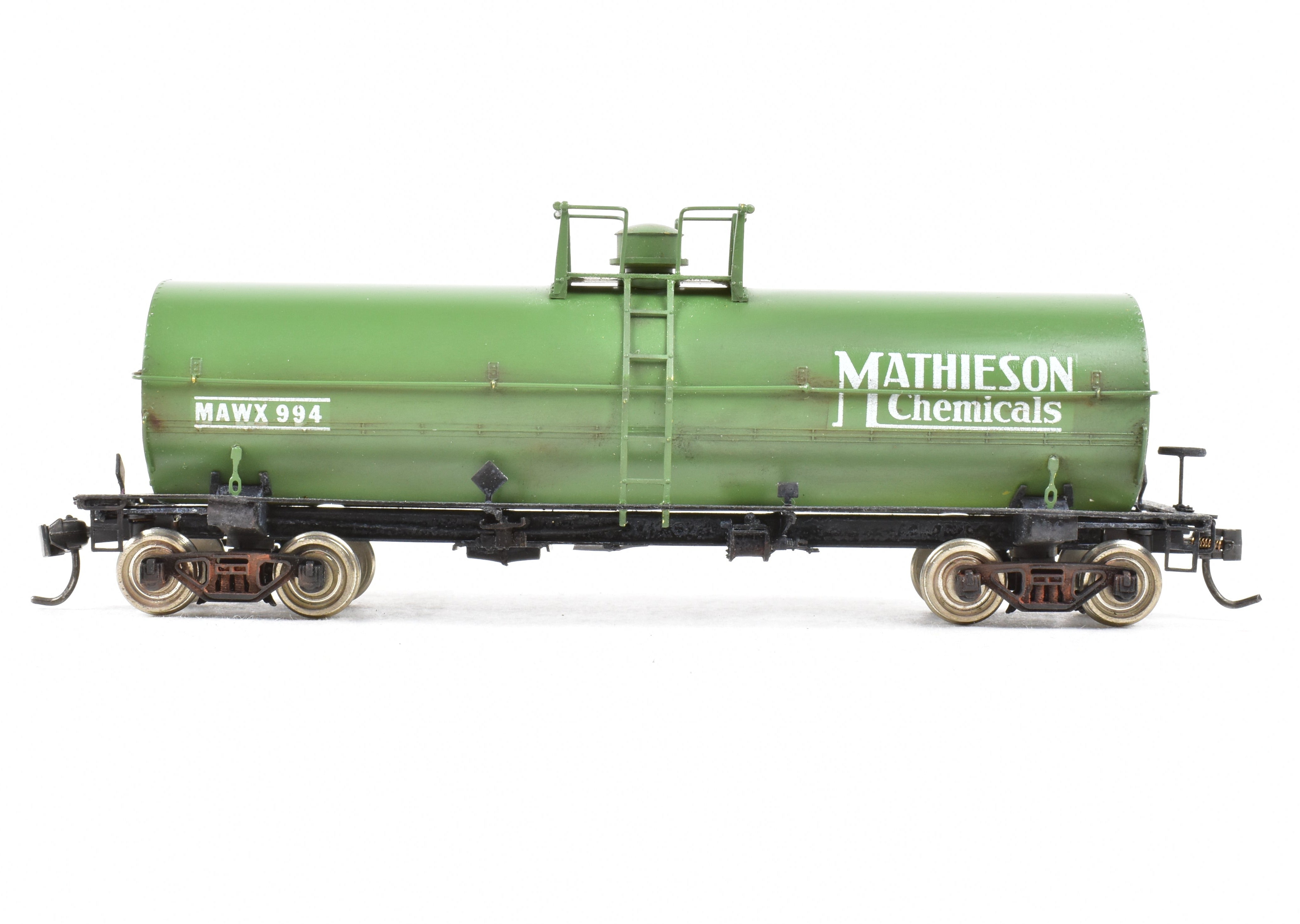 HO Scale Brass Precision Scale Co. 12,000 Gallon Tank Car Model Painted in Green with Mathieson Chemicals Decals