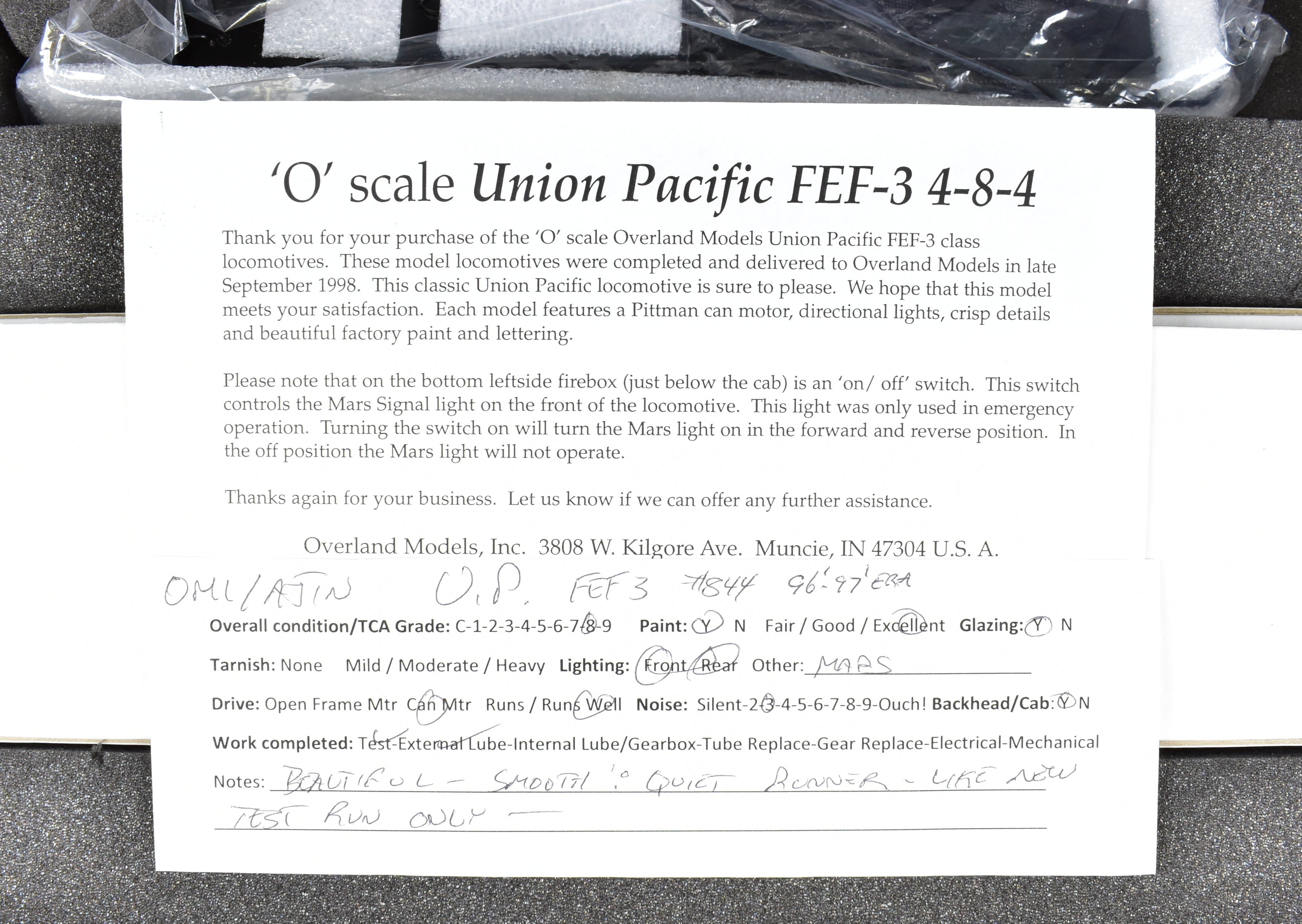 O Scale Model Train - Overland Models, Inc. Union Pacific FEF - 3 4 - 8 - 4 Steam Locomotive from the 1996 - 1997 Excursion Era