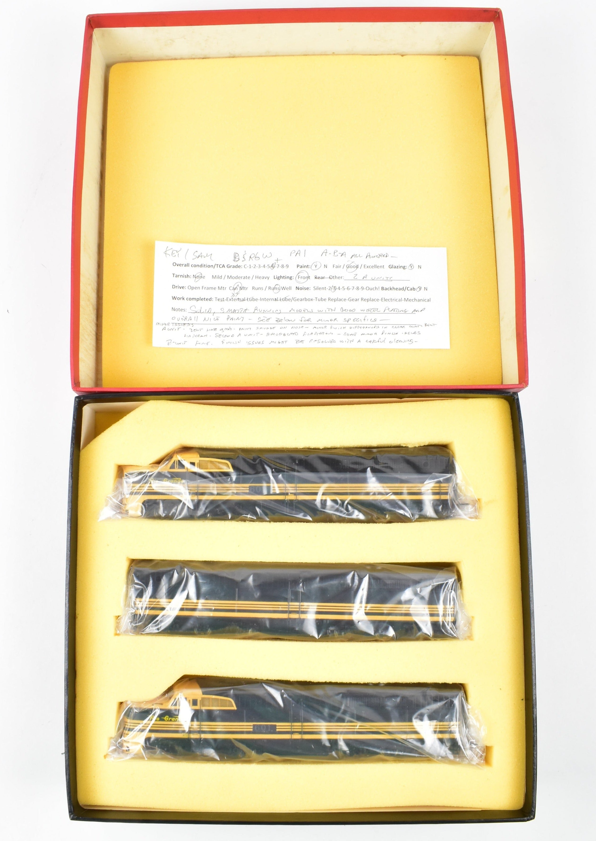 HO Scale Brass Model Train Key Imports D&RGW - Denver & Rio Grande Western Alco PA A/B/A Set Locomotive in Black and Yellow Color Scheme