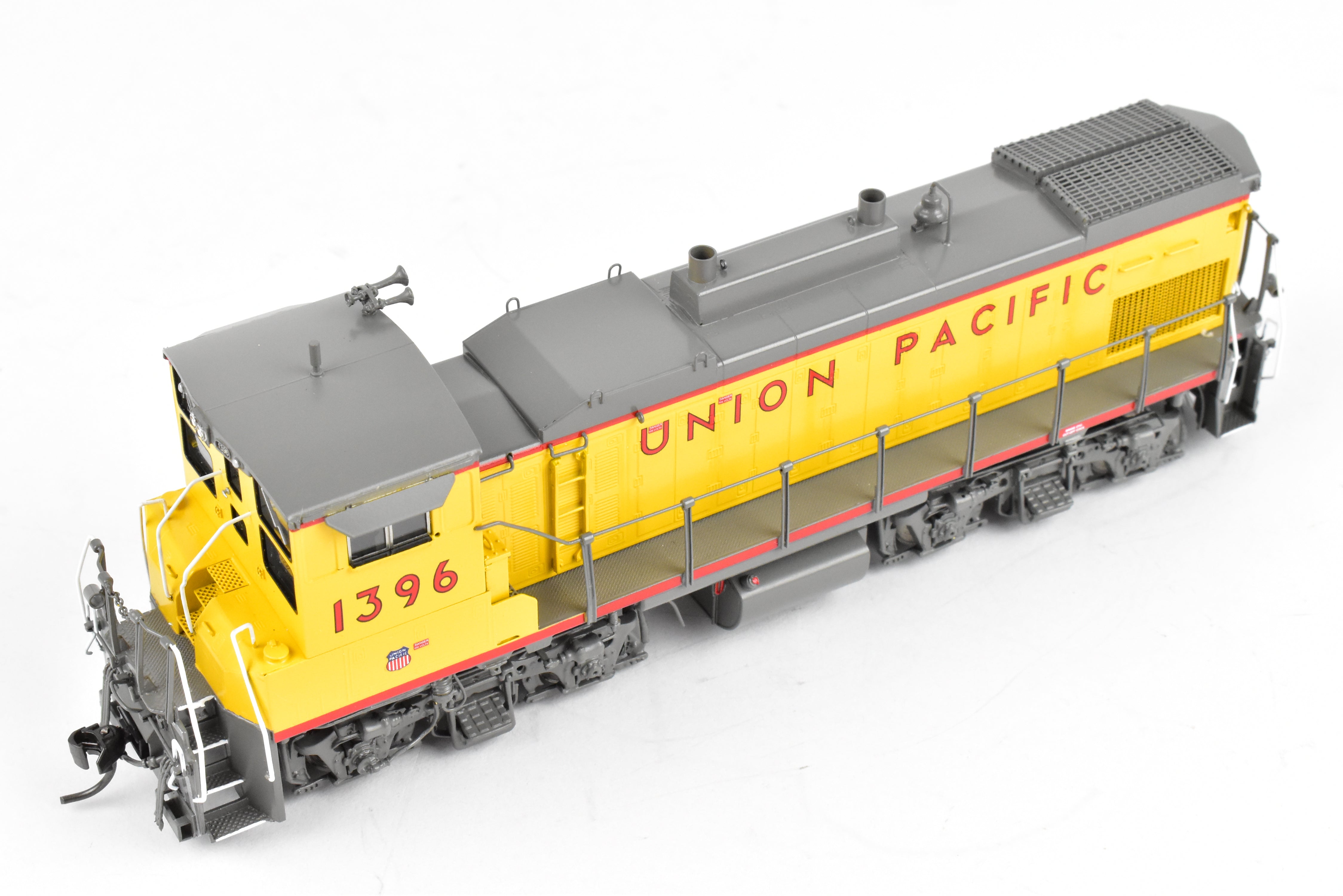 HO Scale Brass Model Train - Overland Models Inc. Union Pacific EMD MP15AC (formerly MKT) Freight Locomotive in Striking Yellow/Gray Color Scheme, Road Number 1396