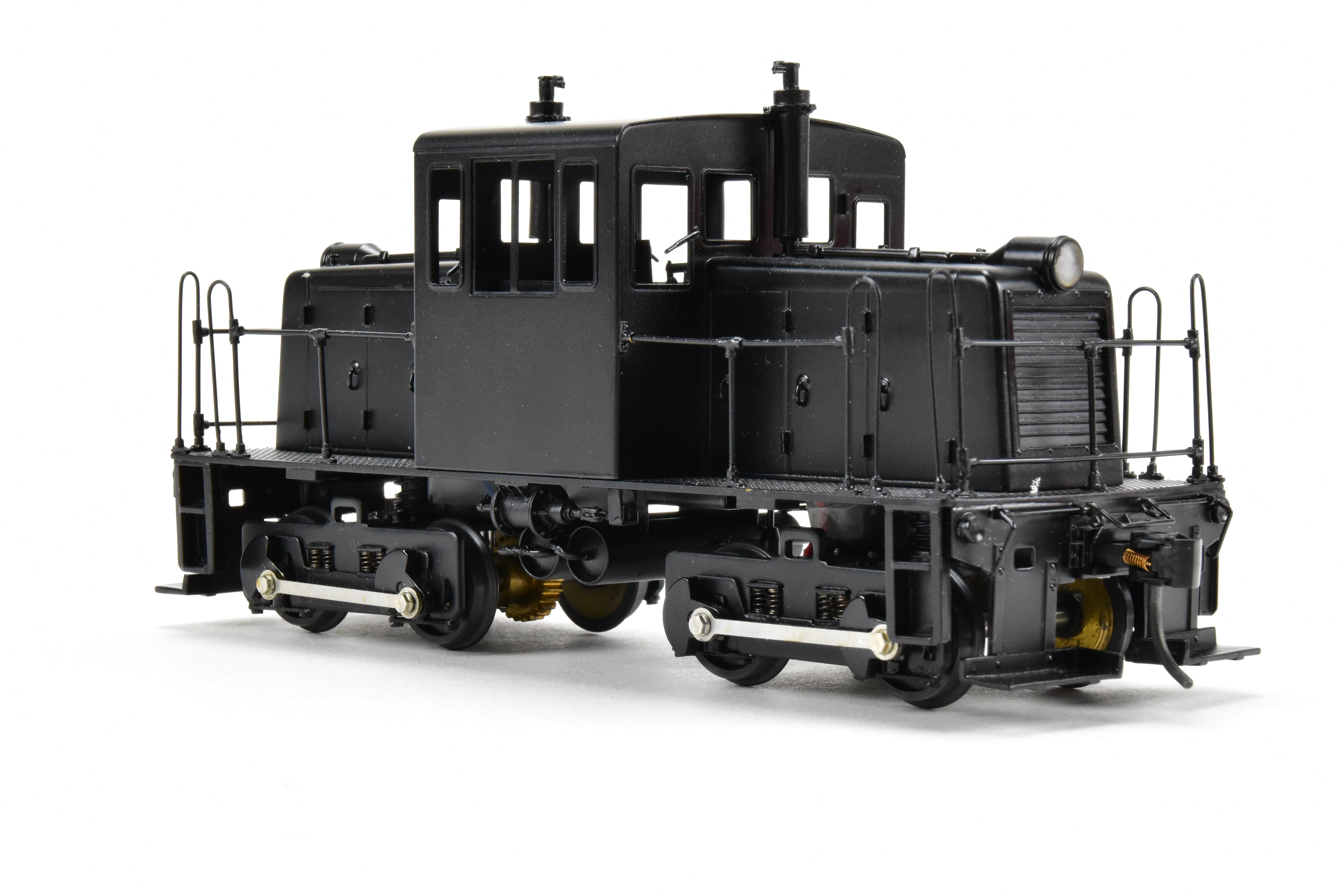 O Scale 1:48th Brass RYM - Rich Yoder Models 45 Ton Side-Rod Diesel FP in Glossy Black, Unlettered, Ideal for Shortline/Industrial Switching